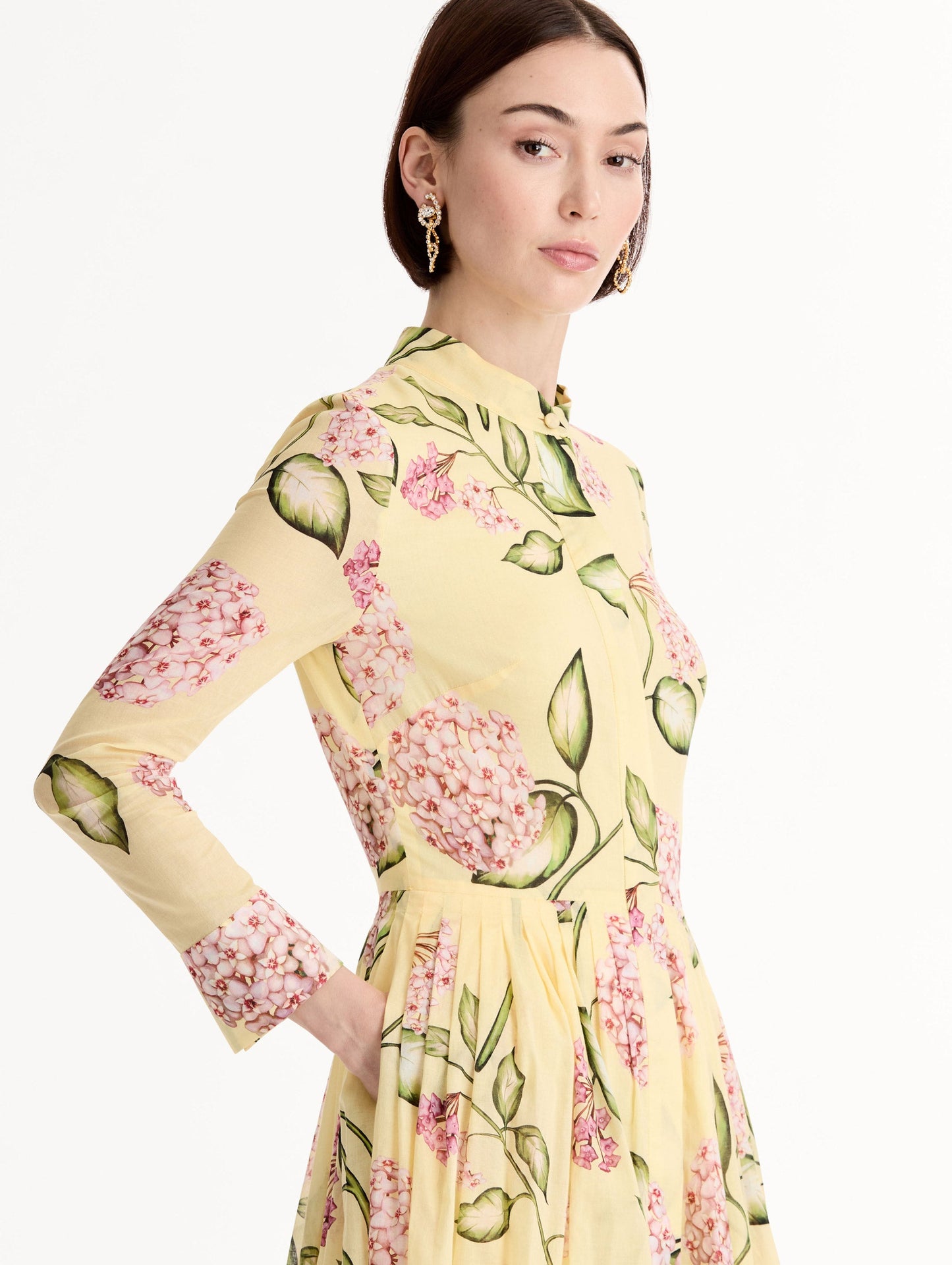 Porcelain Flower Cotton Poplin Long-Sleeve Dress Pink/butter / Oscar de la Renta