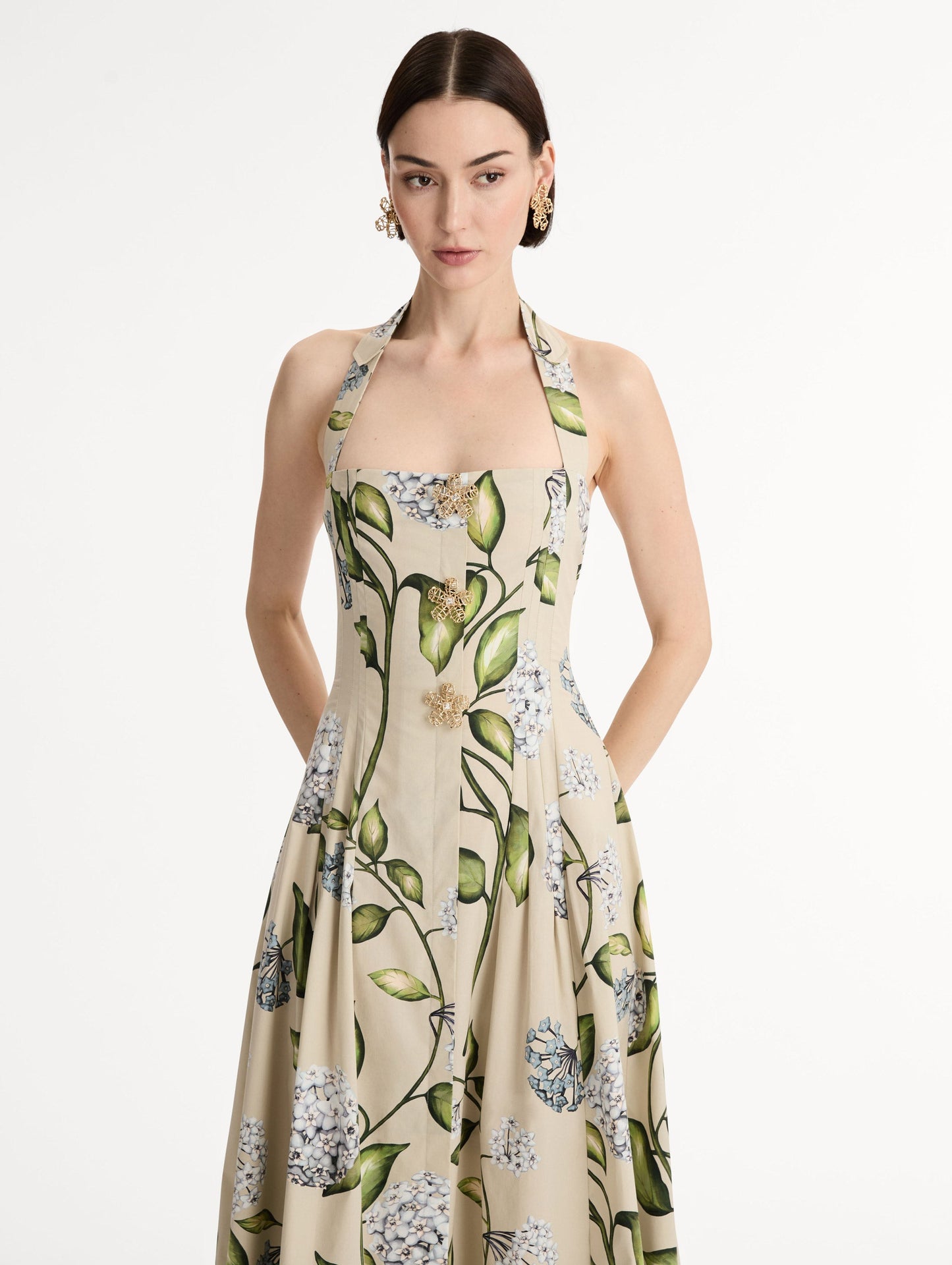 Porcelain Flower Cotton Poplin Halter Dress Denim/oatmeal / Oscar de la Renta