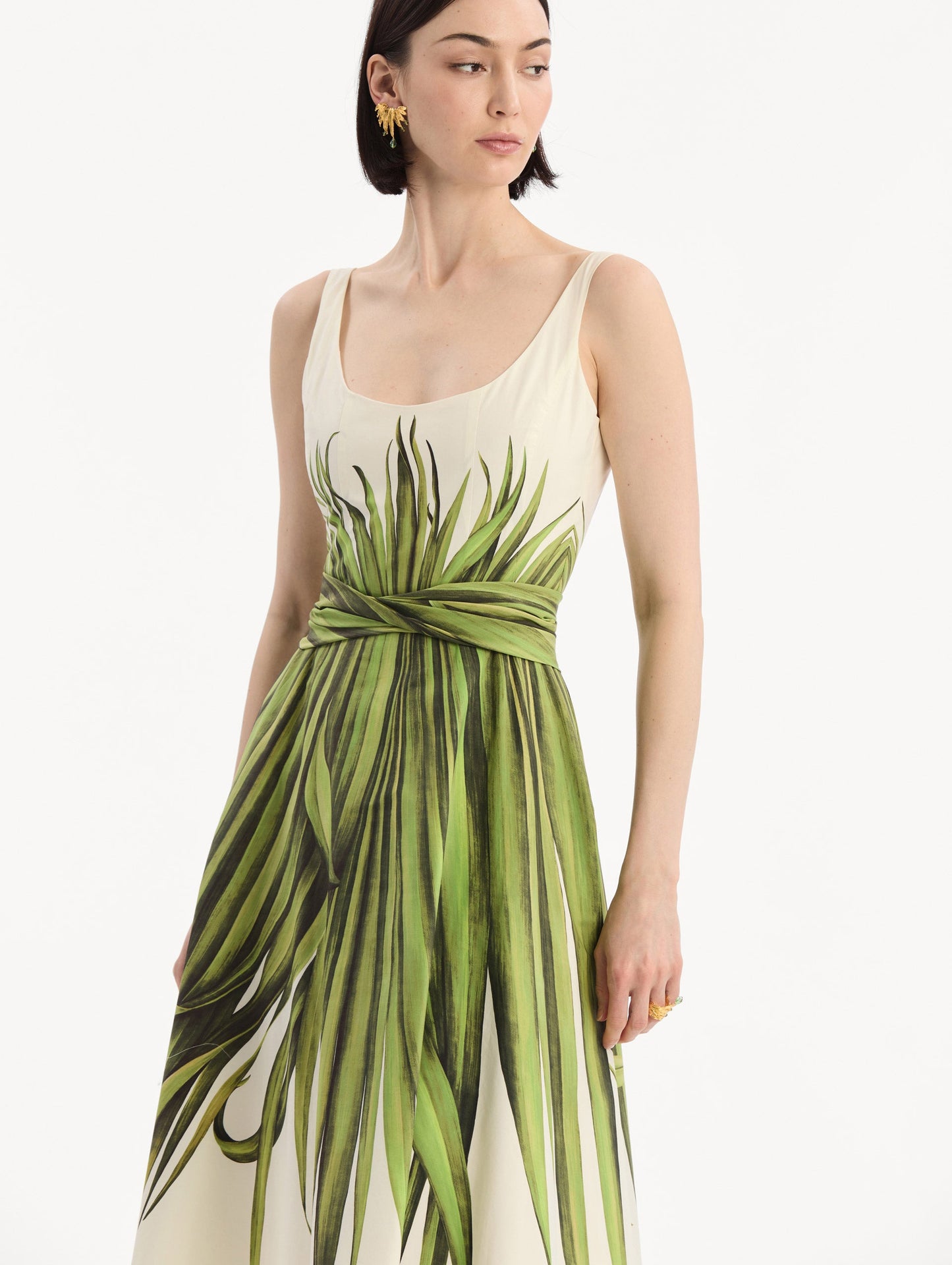 Palm Leaves Cotton Poplin Dress Green/ecru / Oscar de la Renta