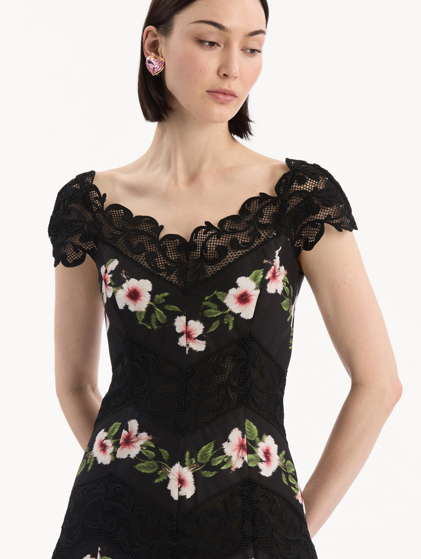 Chiné Hibiscus Striped Faille Midi Dress Black / Oscar de la Renta