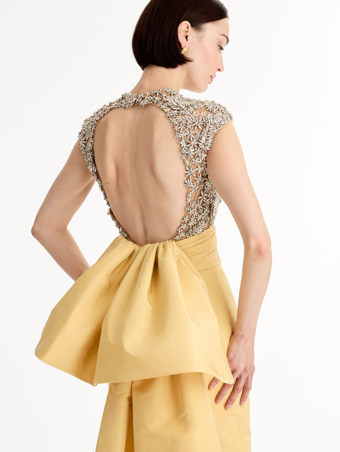 Porcelain Flower Embroidered Short-Sleeve Gown Butter / Oscar de la Renta