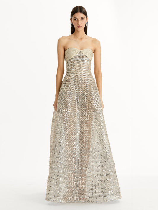 Sequin & Bugle Bead Lattice Gown Moon rock / Oscar de la Renta