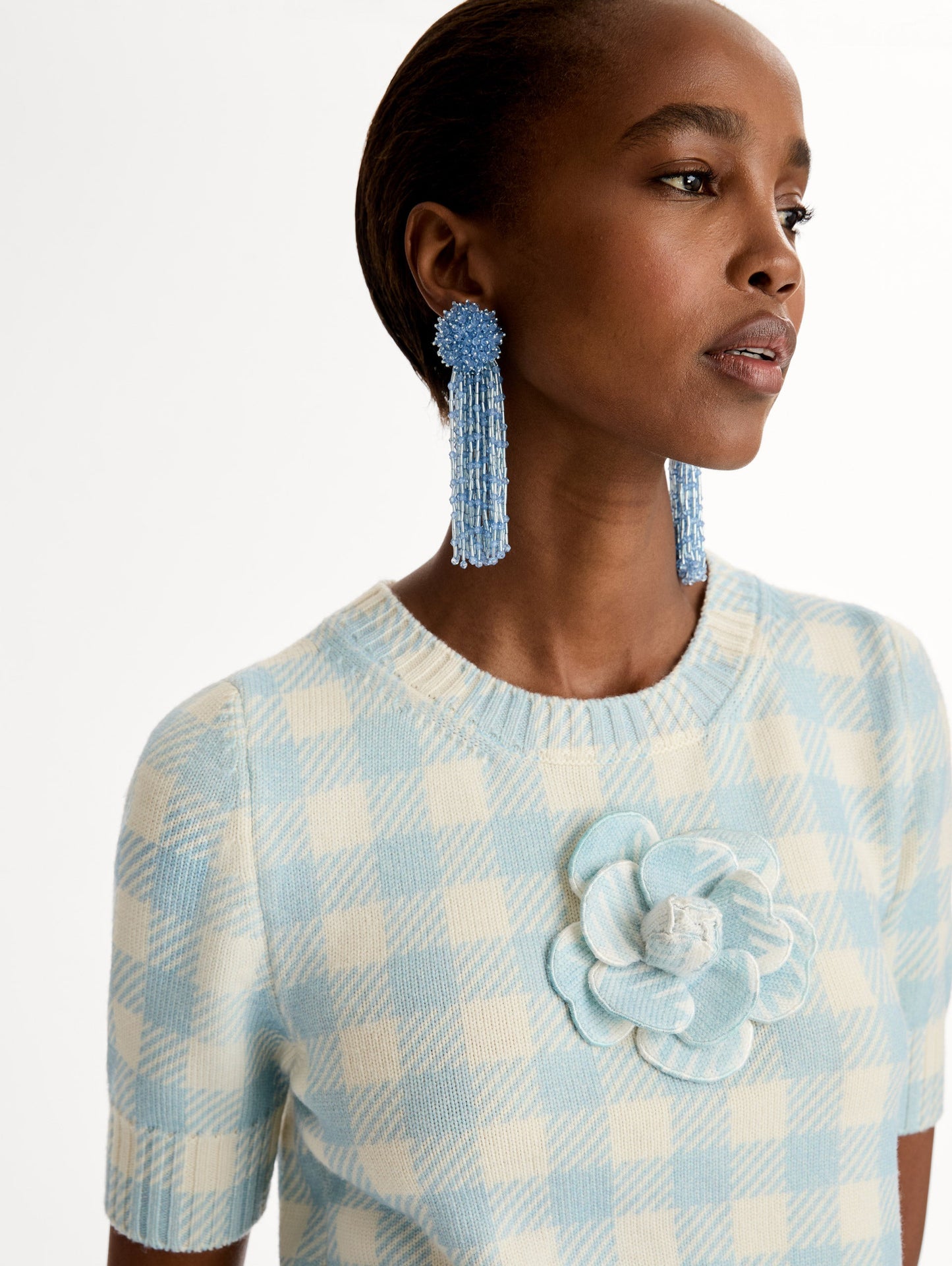 Gingham Pullover with Floral Appliqué Ice/white / Oscar de la Renta