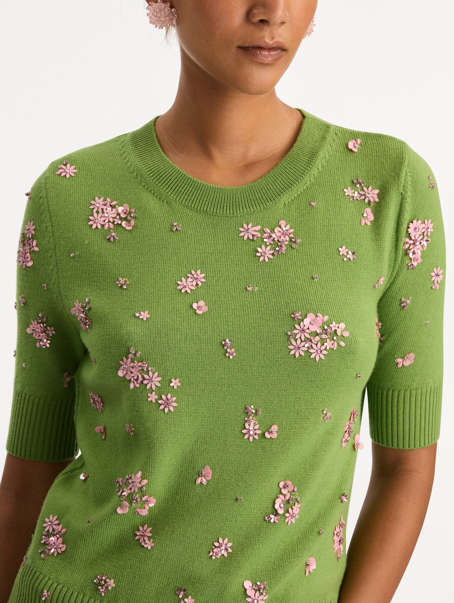 Crystal Cluster Embroidered Pullover Green/pink / Oscar de la Renta