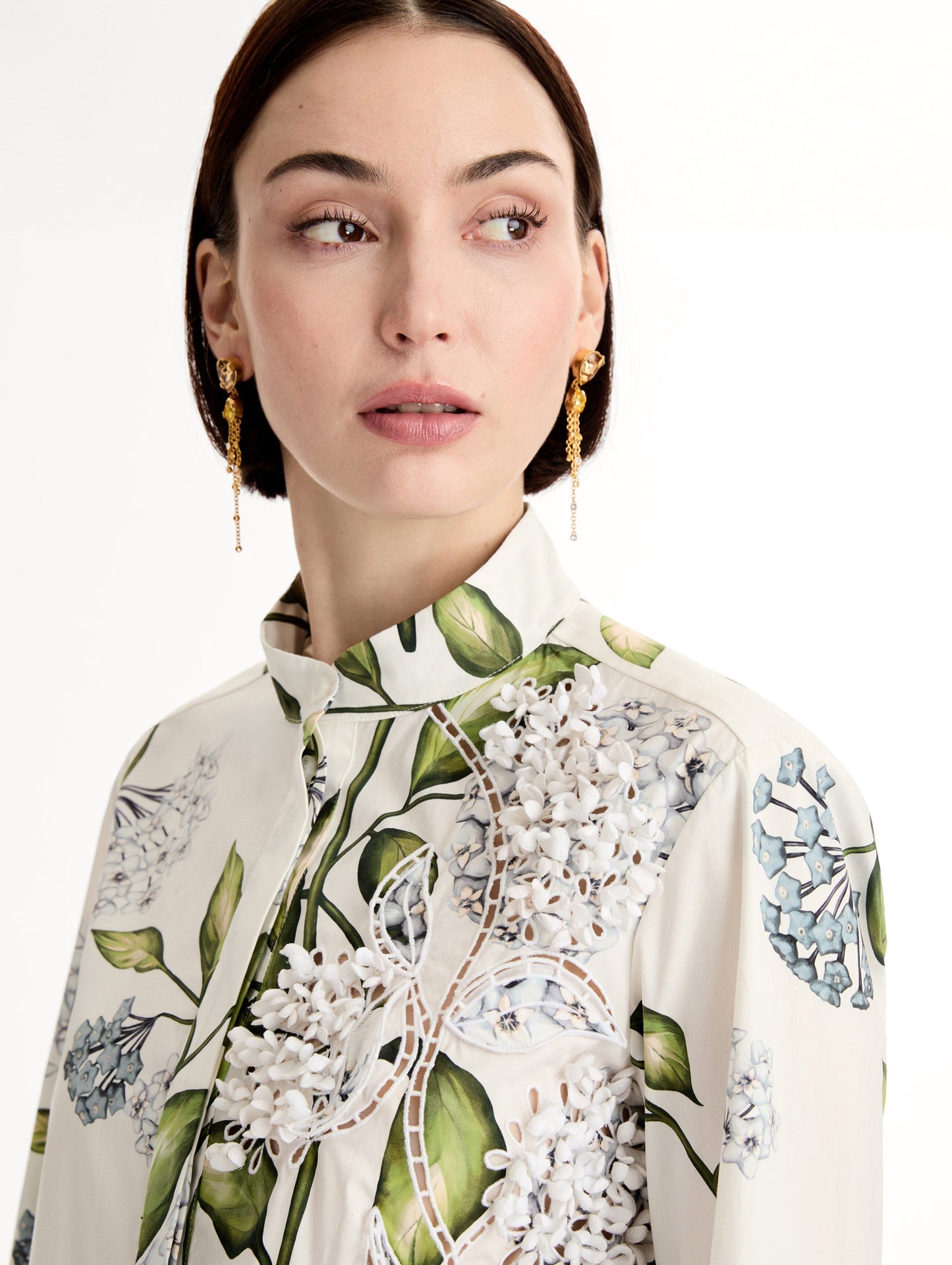 Porcelain Flower Cotton Poplin Blouse Denim/white / Oscar de la Renta