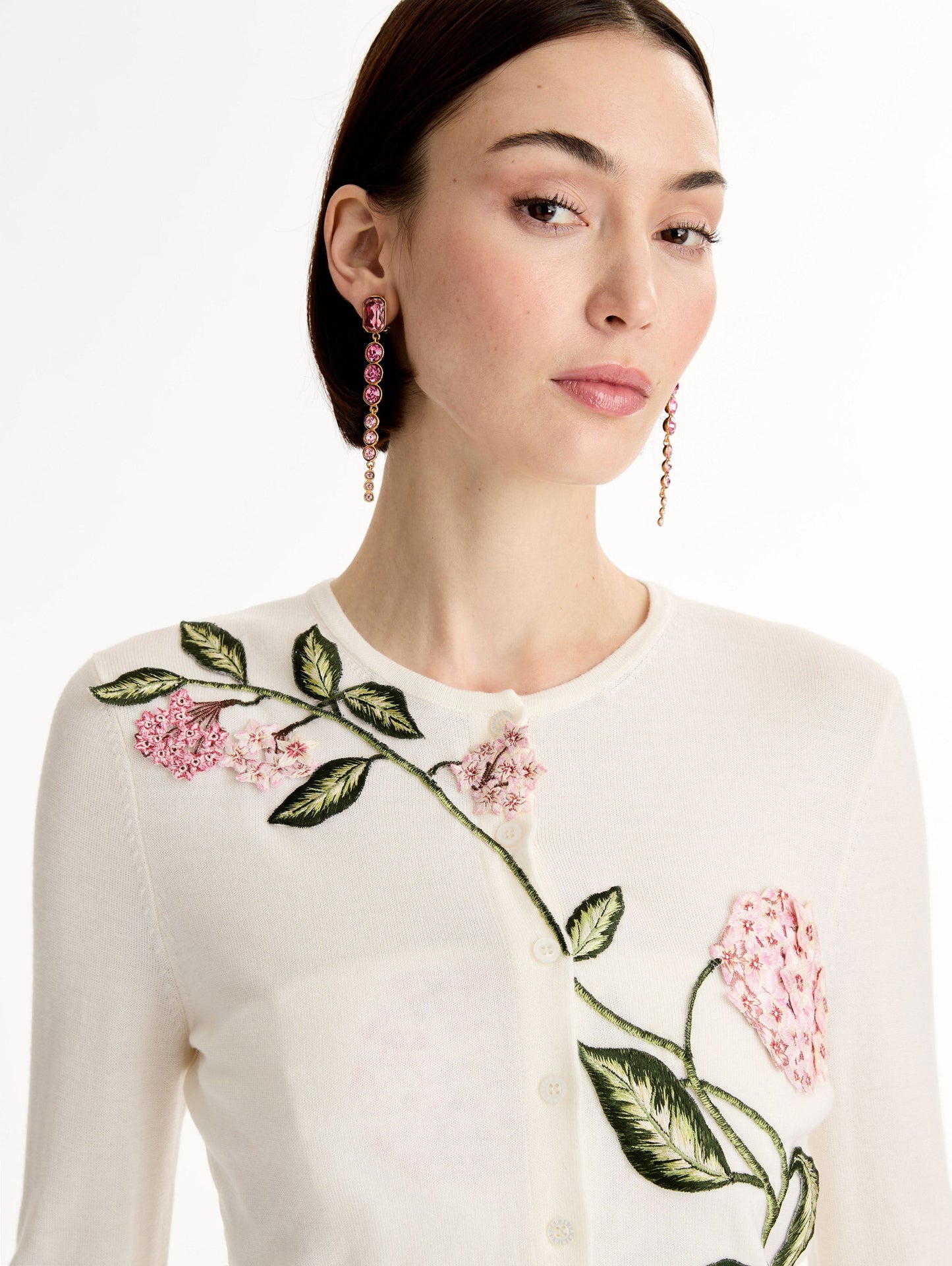 Porcelain Flower Threadwork Cropped Cardigan Ivory / Oscar de la Renta