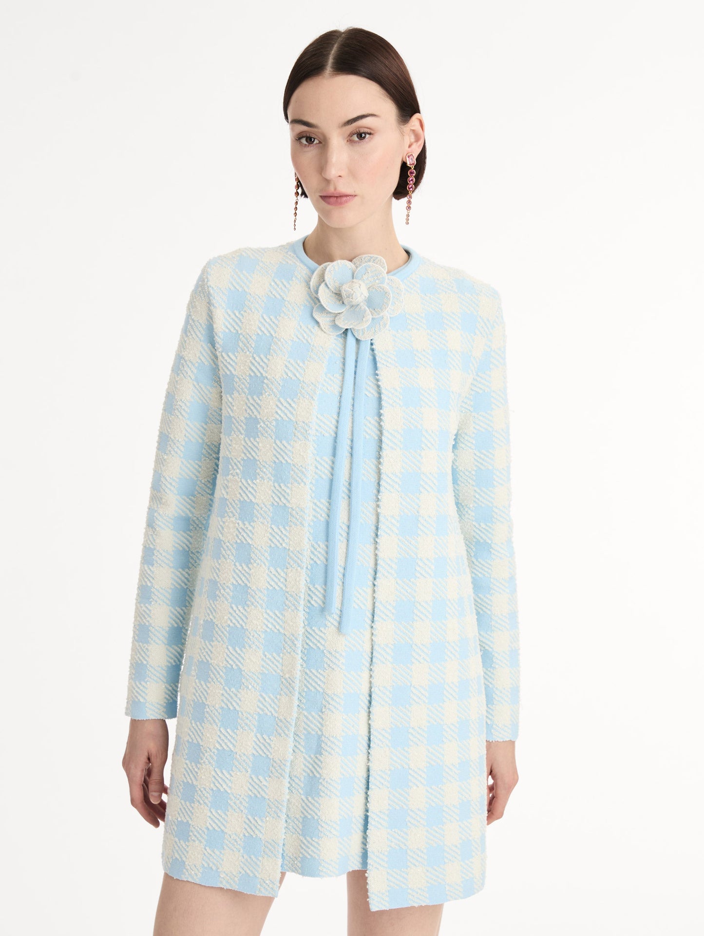 Gingham Coat with Floral Appliqué Ice/white / Oscar de la Renta