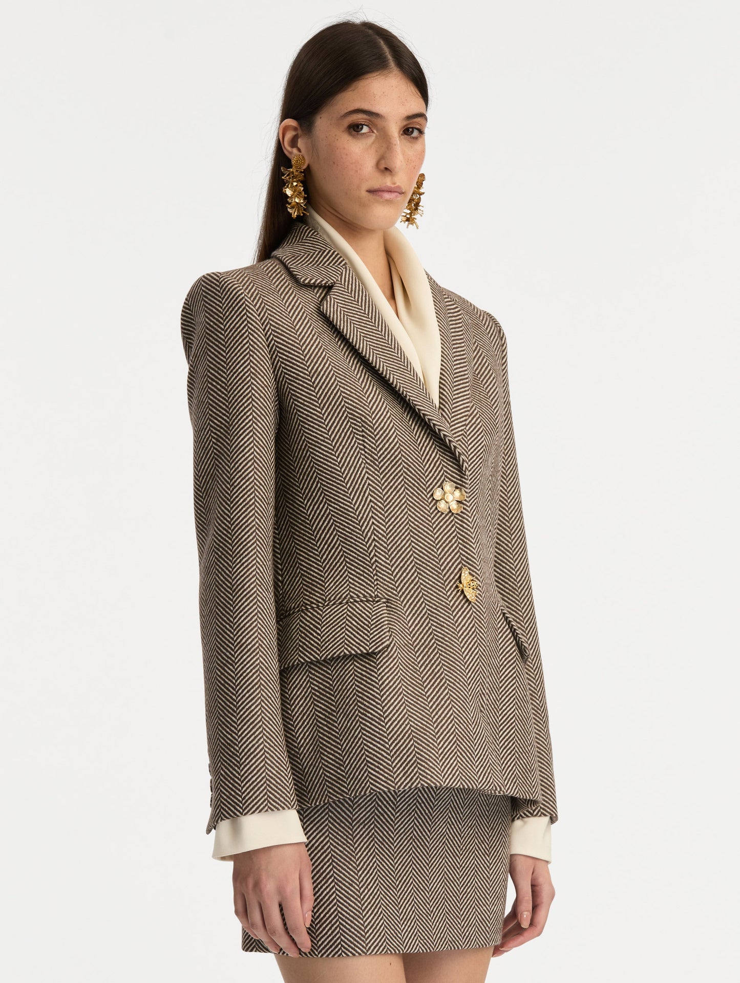 Chevron Cashmere-Blend Jacket Walnut/natural / Oscar de la Renta