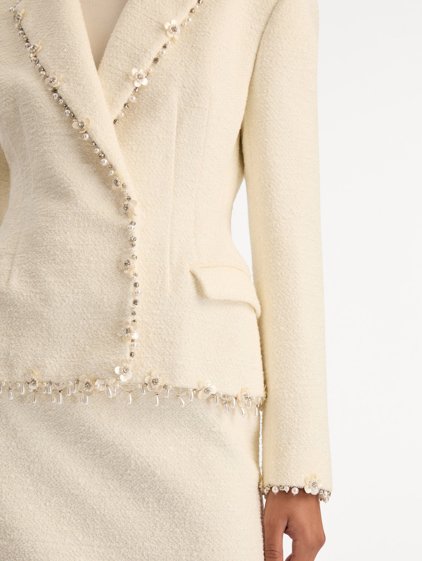 Floral Jeweled Fringe Tweed Jacket Ivory / Oscar de la Renta