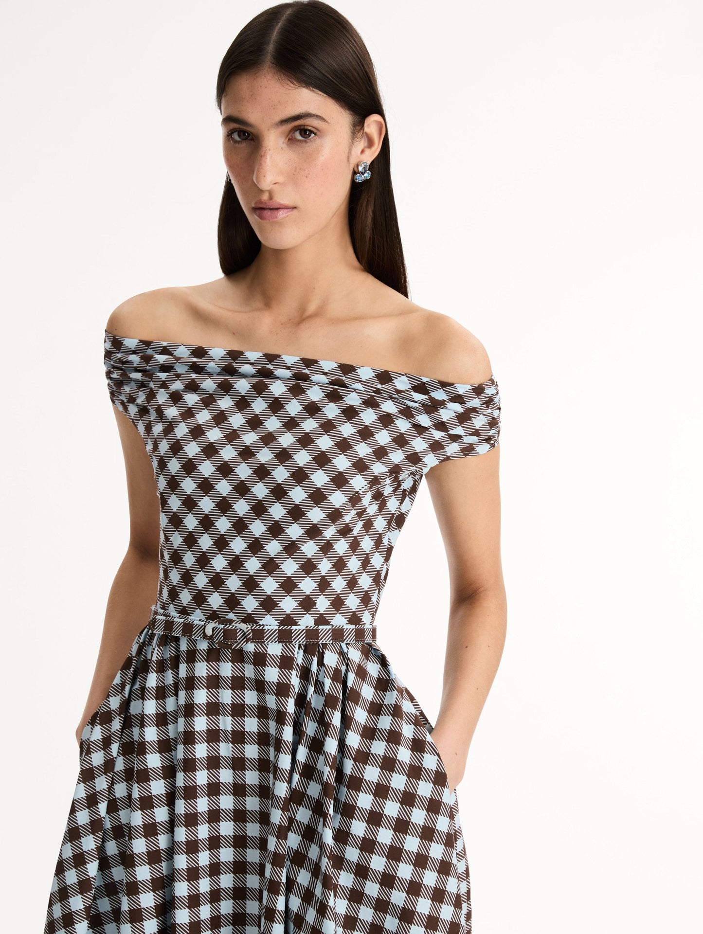 Gingham Cotton Poplin Dress Ice/mahogany / Oscar de la Renta