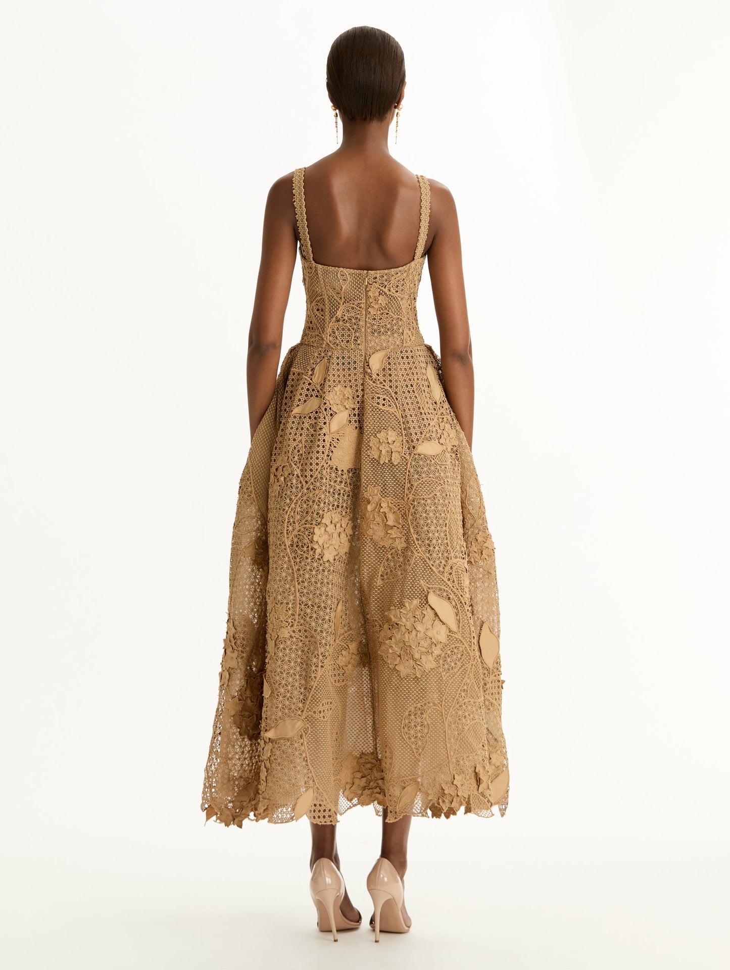 Porcelain Flower Guipure Lattice Cocktail Dress Khaki / Oscar de la Renta
