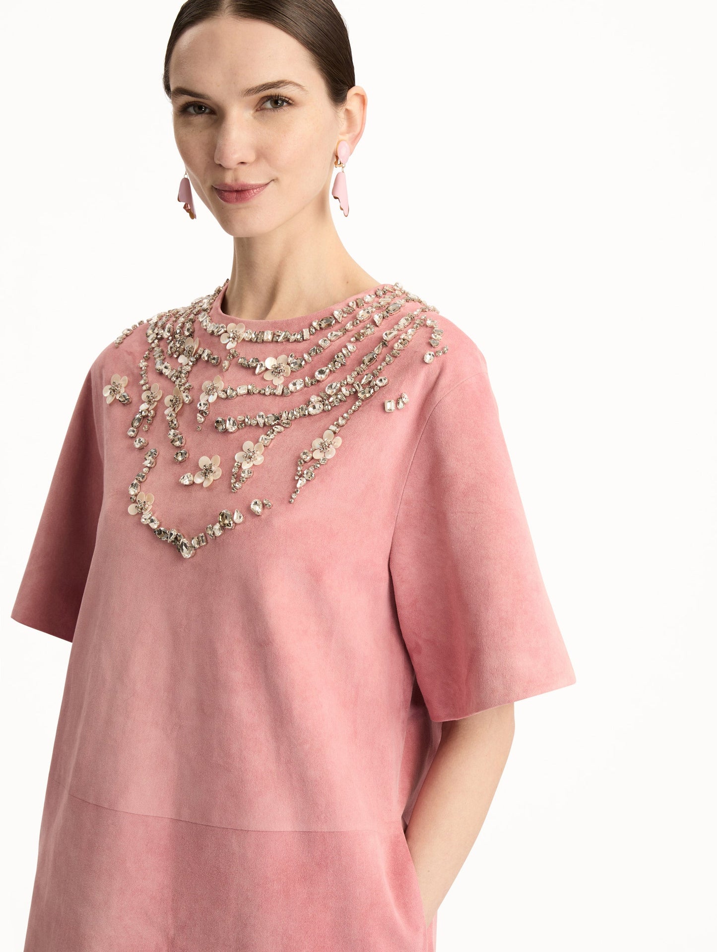 Crystal Necklace Embroidered Suede Dress Antique rose / Oscar de la Renta