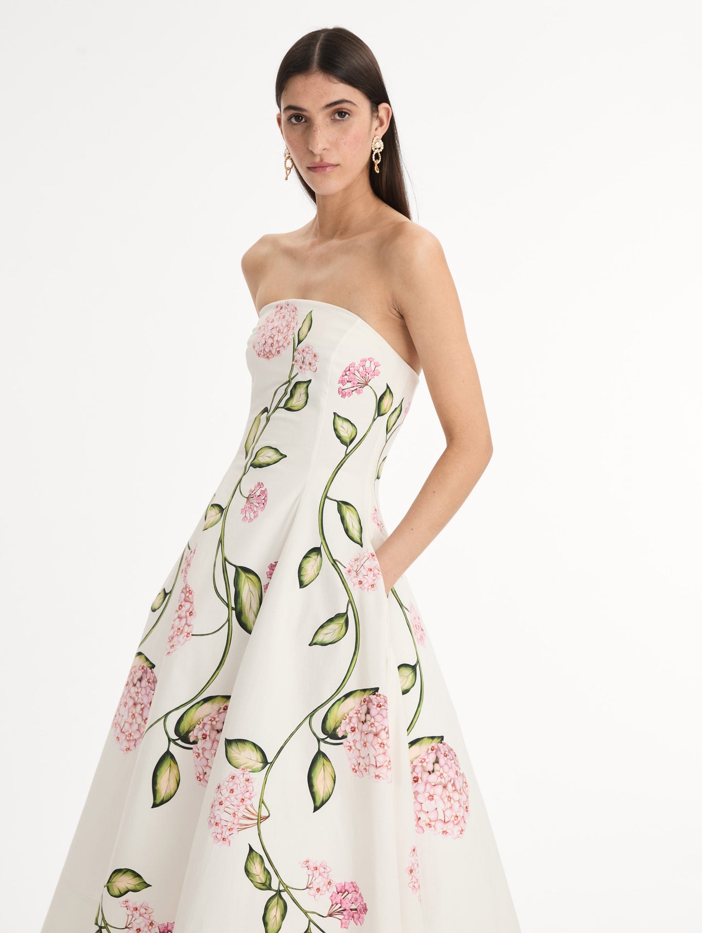 Porcelain Flower Cotton Poplin Strapless Dress Pink/white / Oscar de la Renta