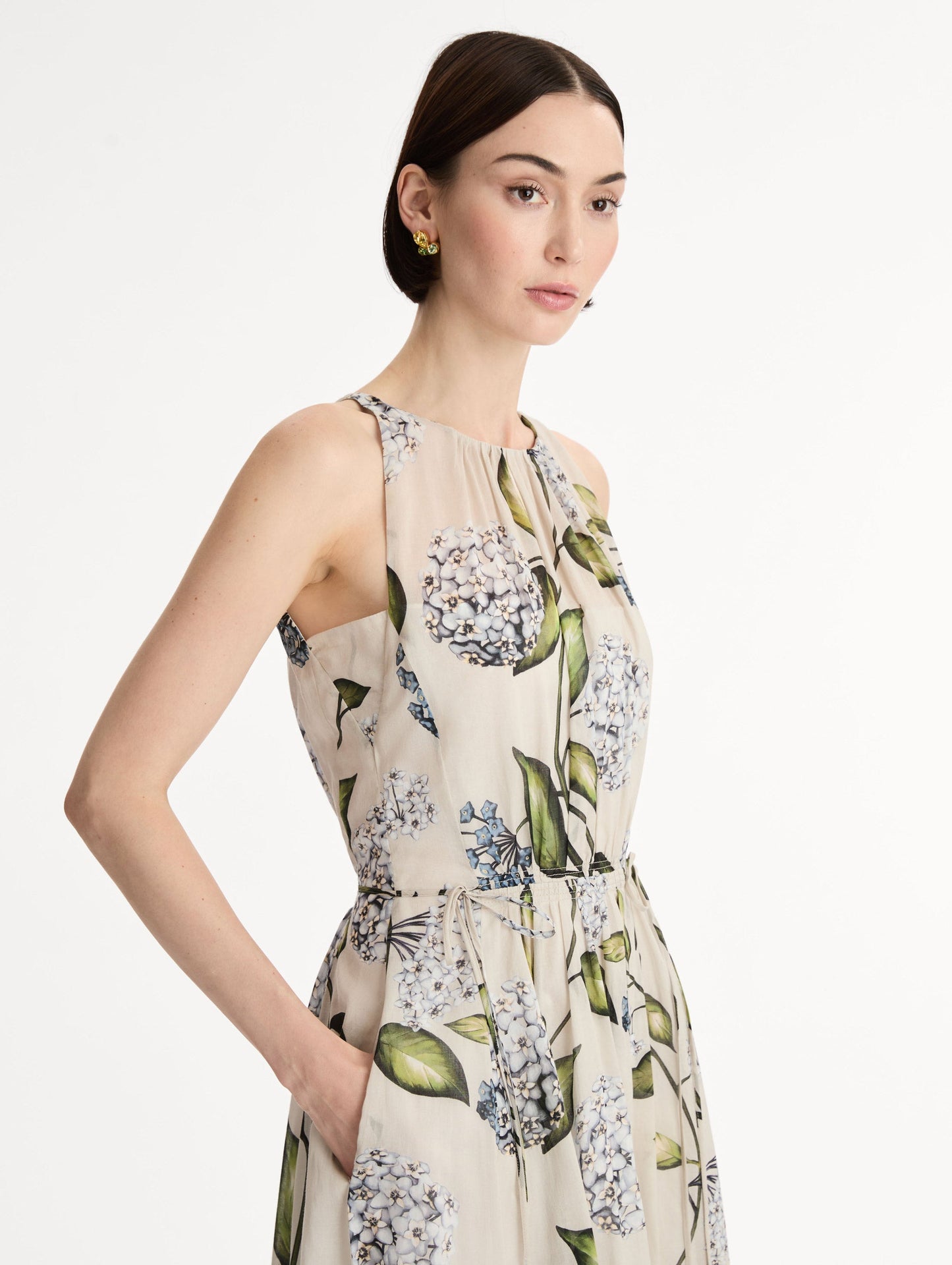 Porcelain Flower Cotton Poplin Pleated Dress Denim/oatmeal / Oscar de la Renta