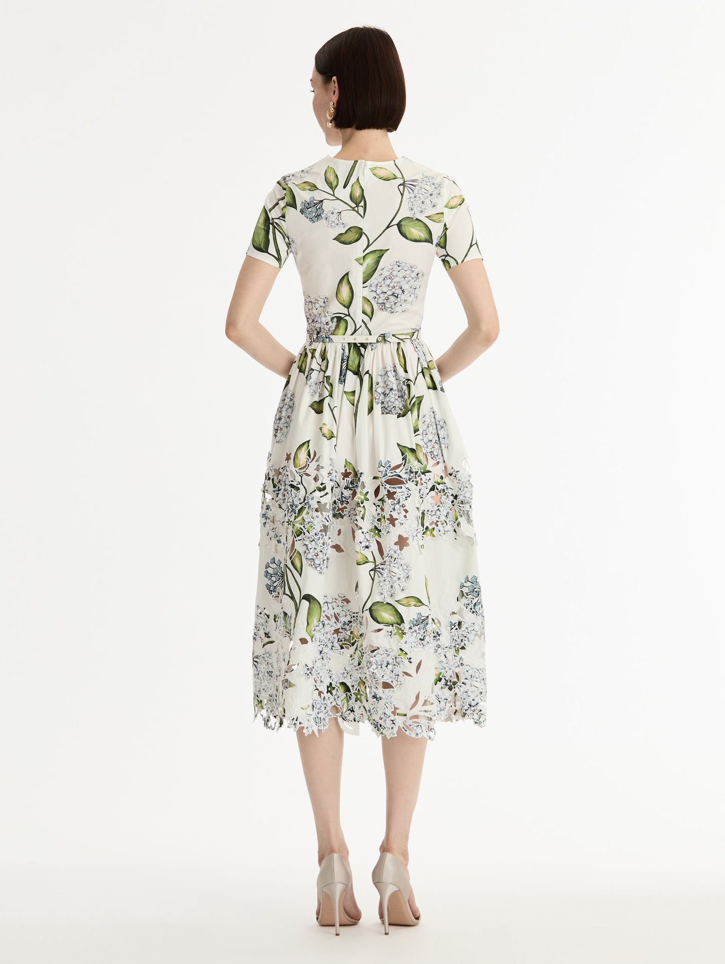 Porcelain Flower Embroidered Cotton Poplin Dress Denim/white / Oscar de la Renta
