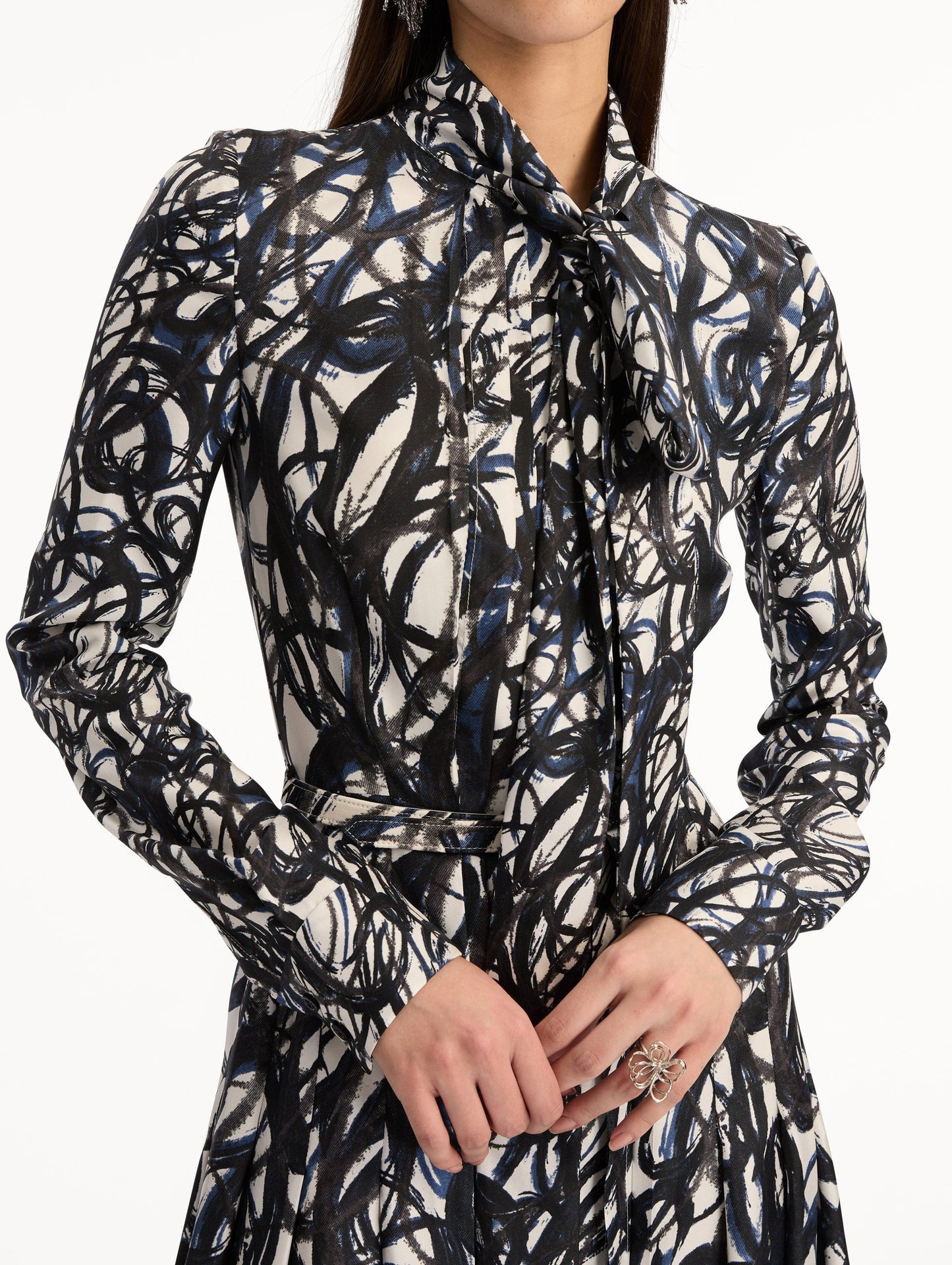 Abstract Sketch Silk Twill Dress Navy/white / Oscar de la Renta