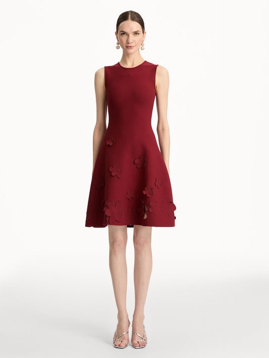 Laser-Cut Floral Knit Dress Wine / Oscar de la Renta