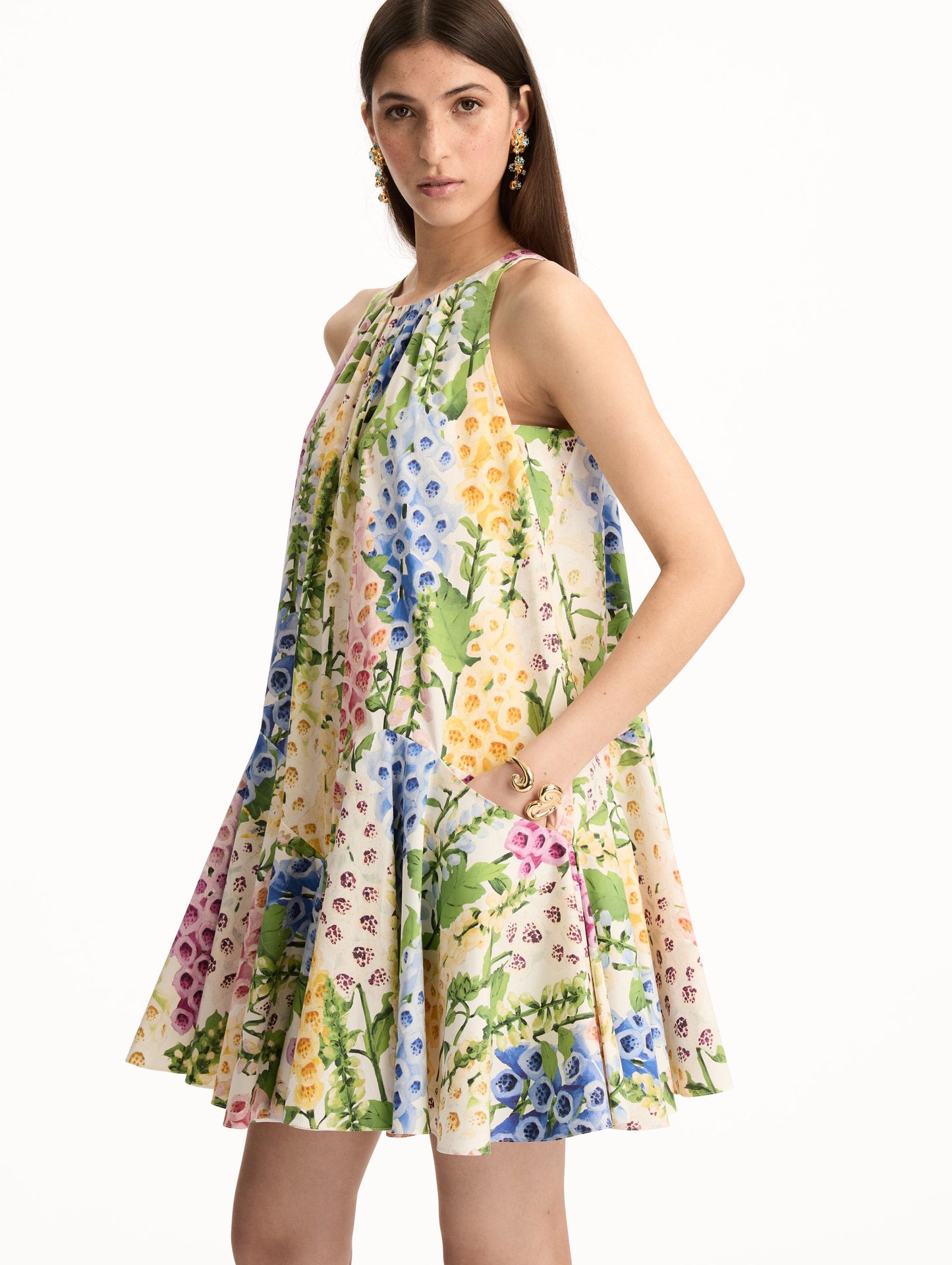 Foxglove Cotton Poplin Trapeze Dress White multi / Oscar de la Renta