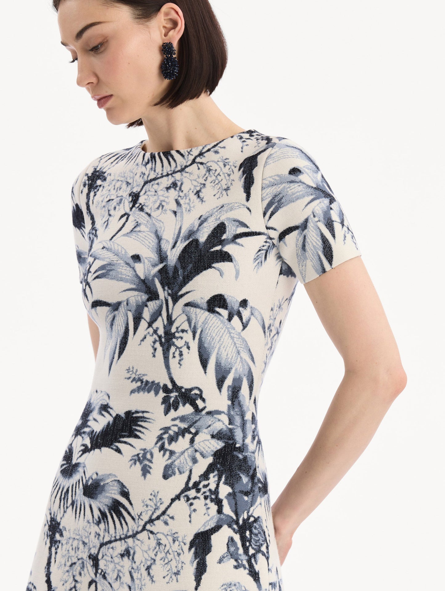 Chiné Palm Leaves Knit Dress Navy/ivory / Oscar de la Renta