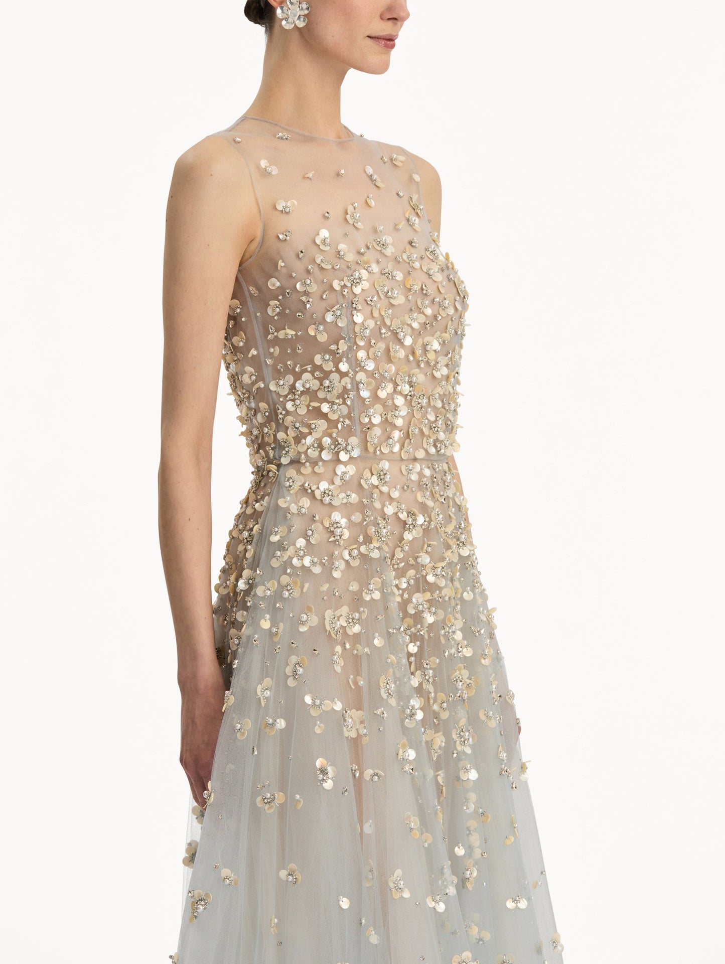 Mother of Pearl Embroidered Illusion Gown Sky / Oscar de la Renta