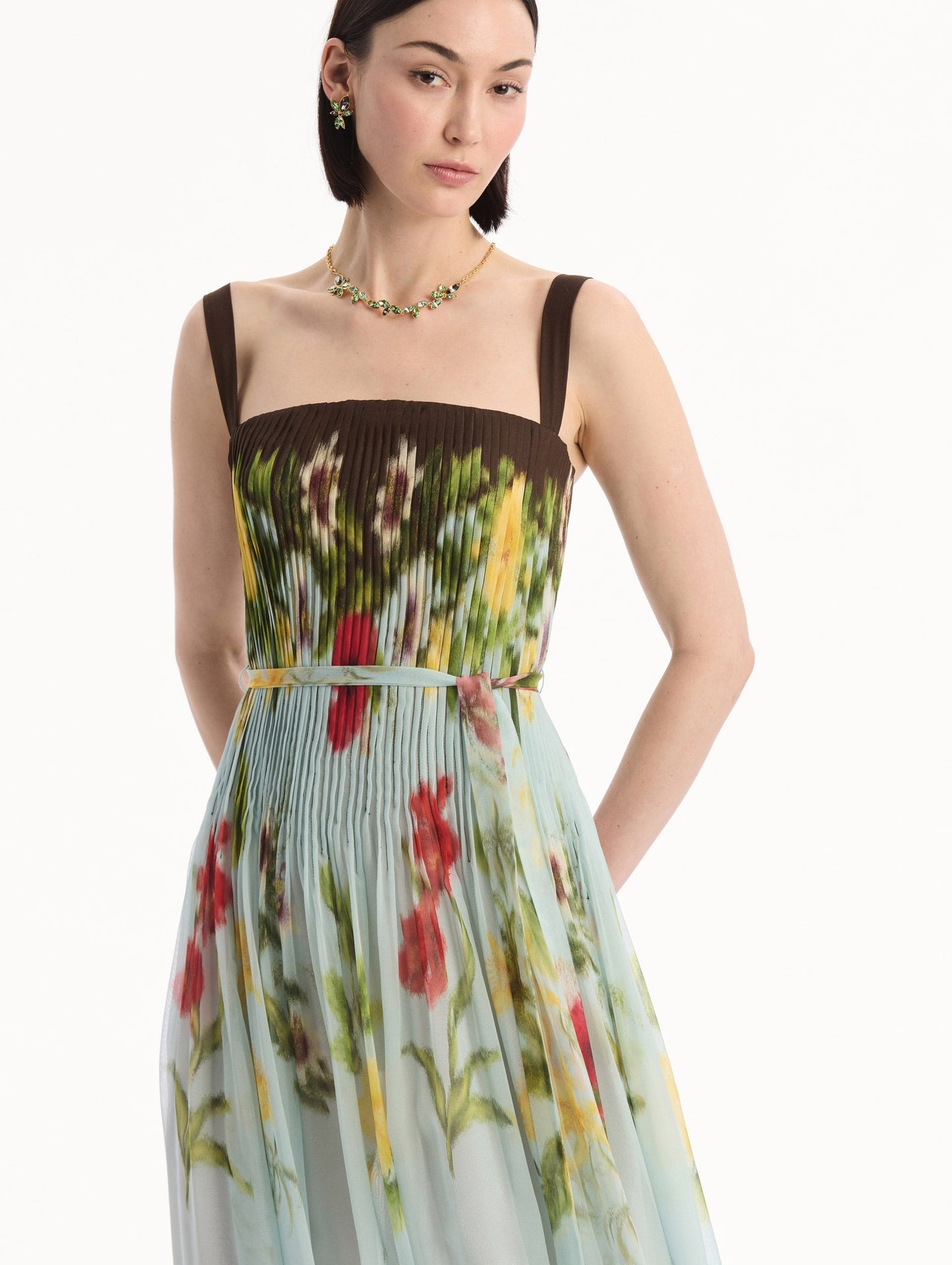 Dominican Mixed-Floral Silk Chiffon Gown Light blue multi / Oscar de la Renta