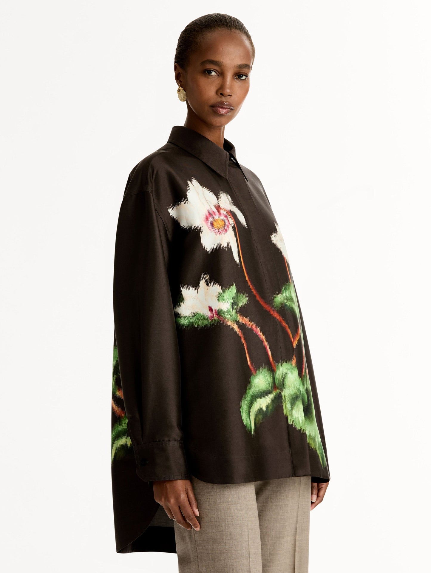 Chiné Cyclamen Silk Mikado Blouse White/mahogany / Oscar de la Renta