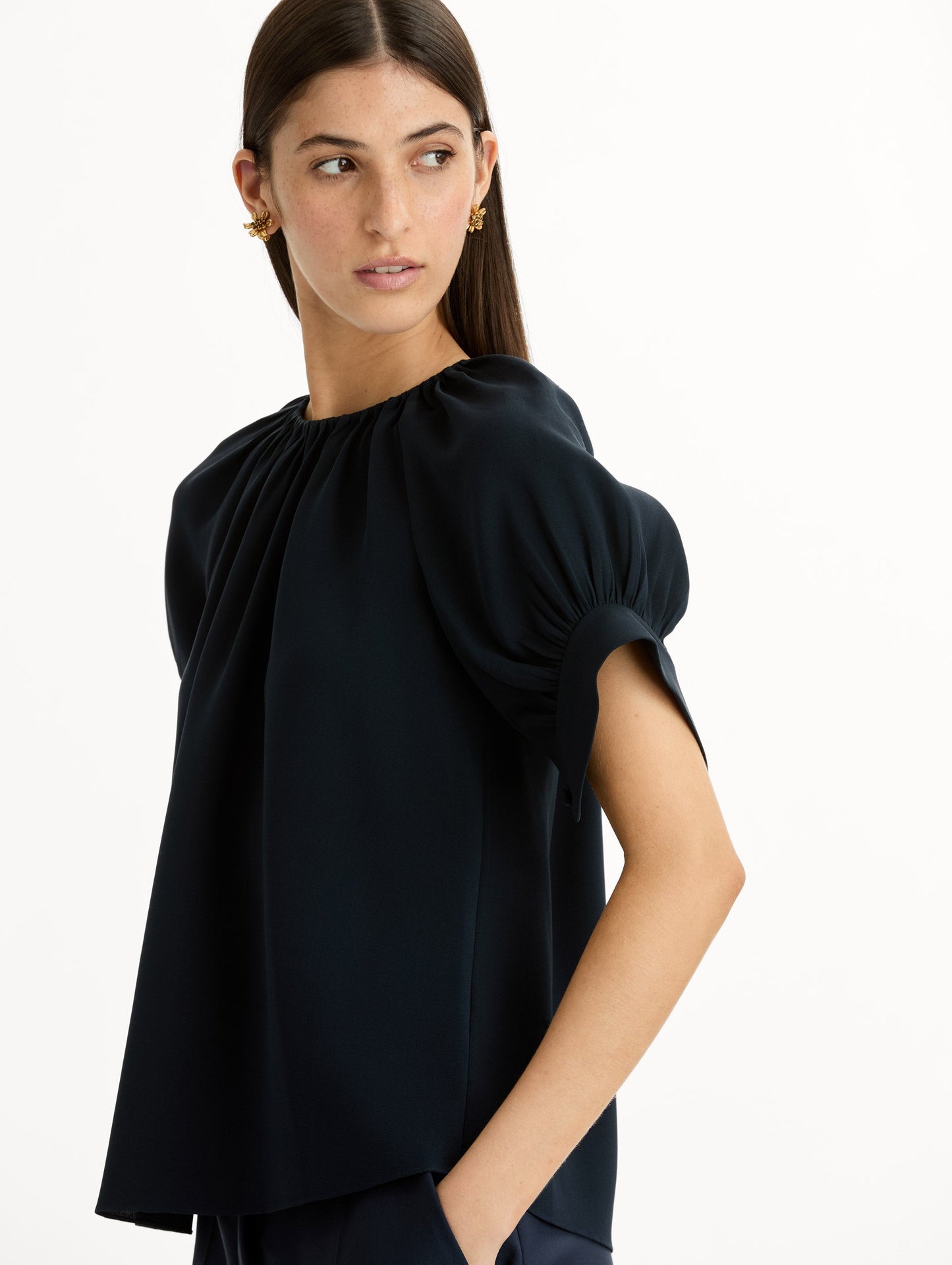Gathered Silk Georgette Blouse Navy / Oscar de la Renta
