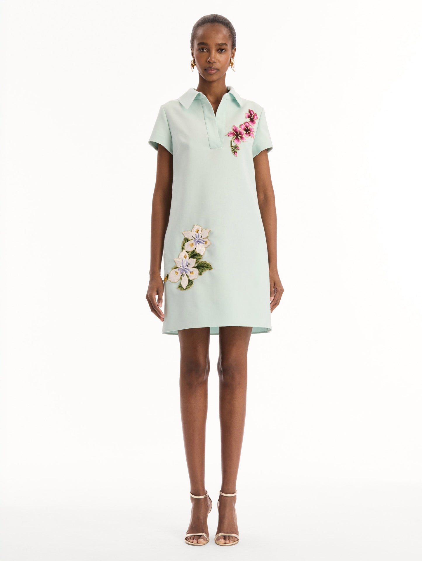 Dominican Mixed-Floral Threadwork Shift Dress Saltwater / Oscar de la Renta
