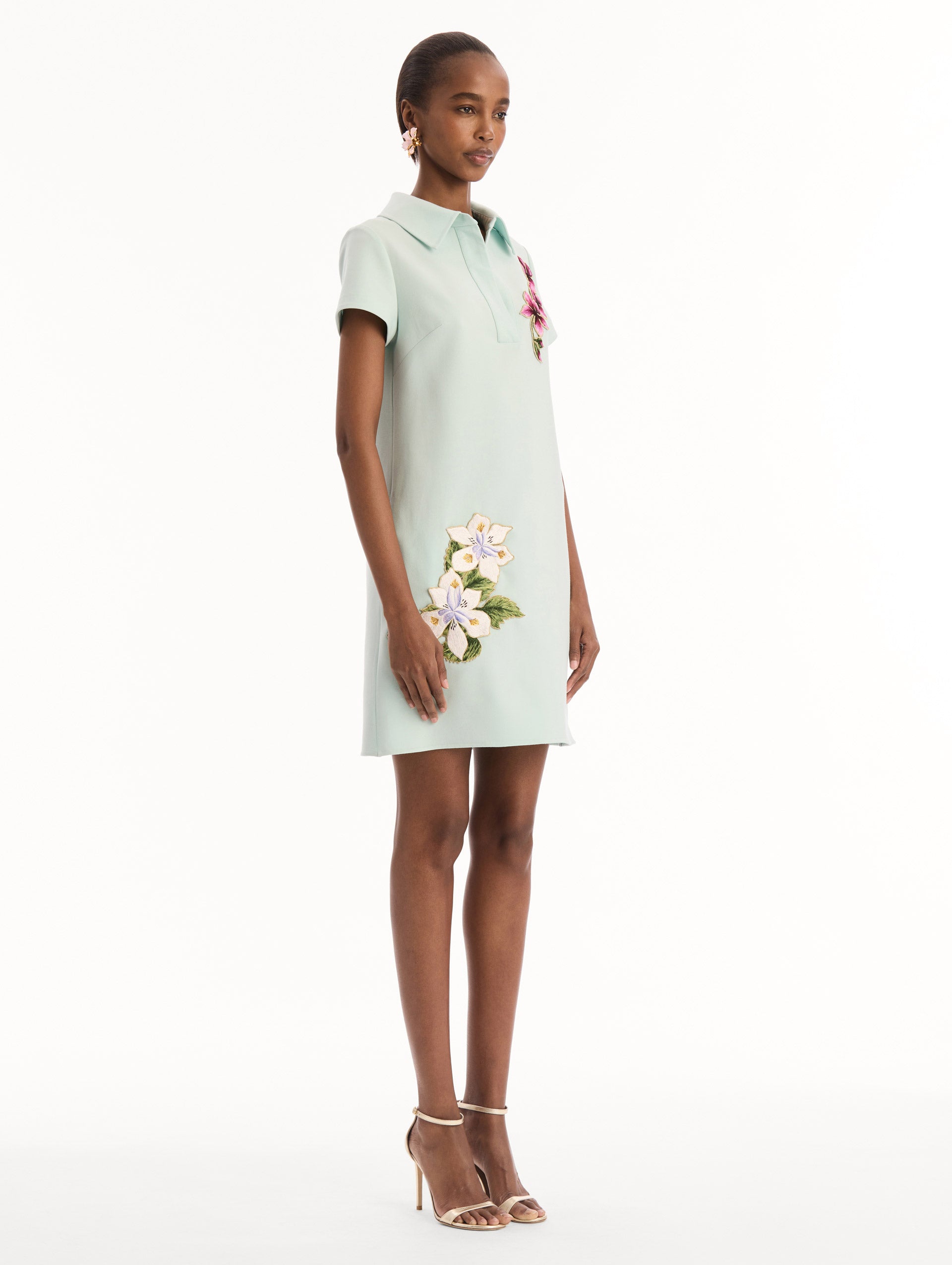 Dominican Mixed-Floral Threadwork Shift Dress Saltwater / Oscar de la Renta