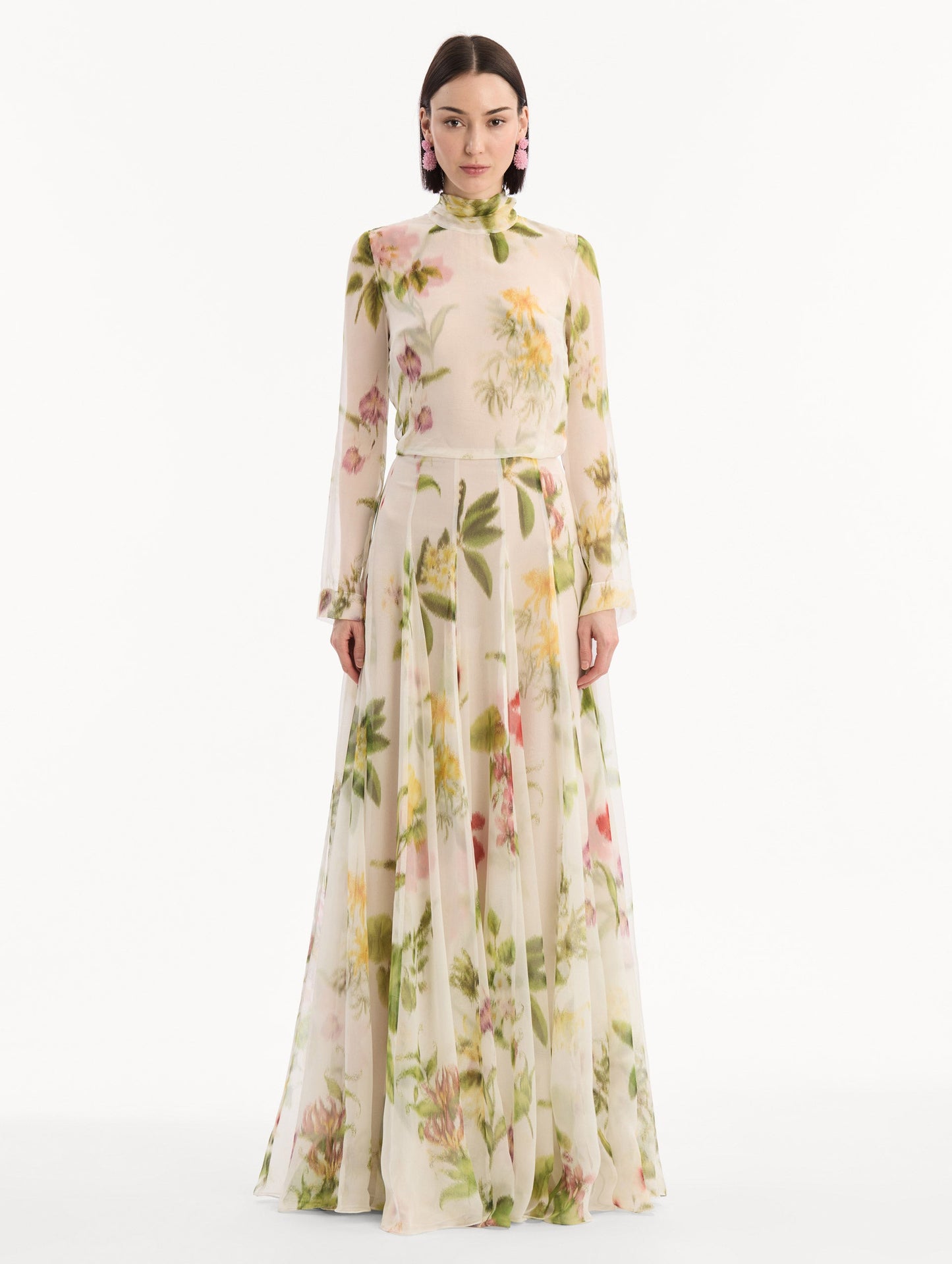 Chiné Dominican Mixed-Floral Chiffon Gown Ivory multi / Oscar de la Renta