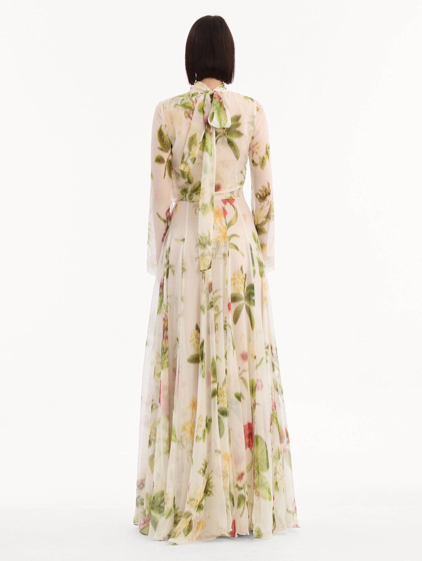 Chiné Dominican Mixed-Floral Chiffon Gown Ivory multi / Oscar de la Renta