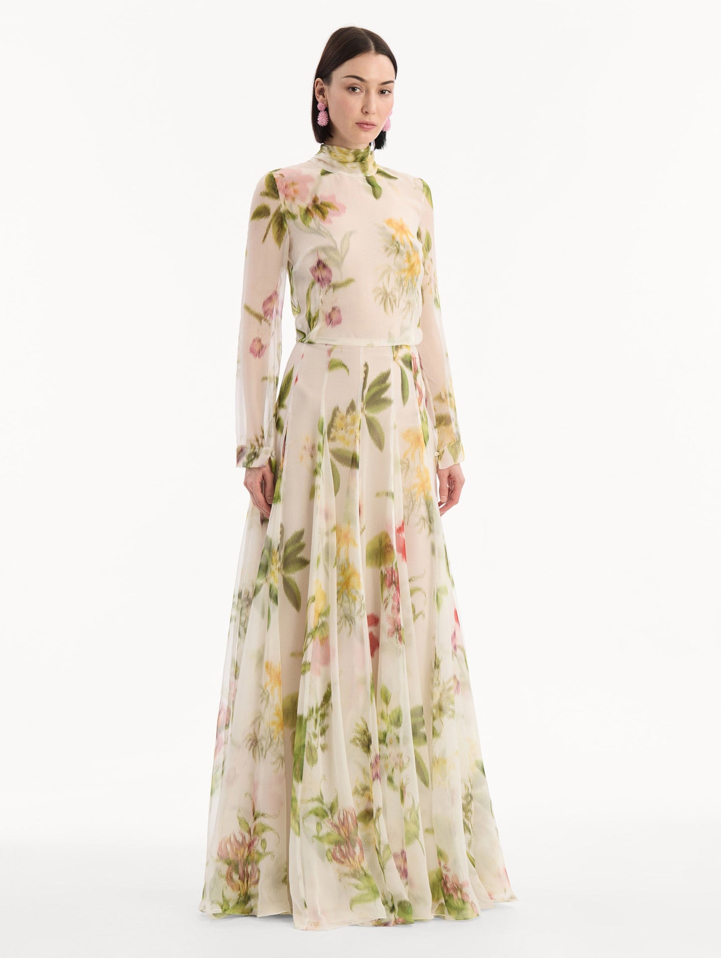 Chiné Dominican Mixed-Floral Chiffon Gown Ivory multi / Oscar de la Renta