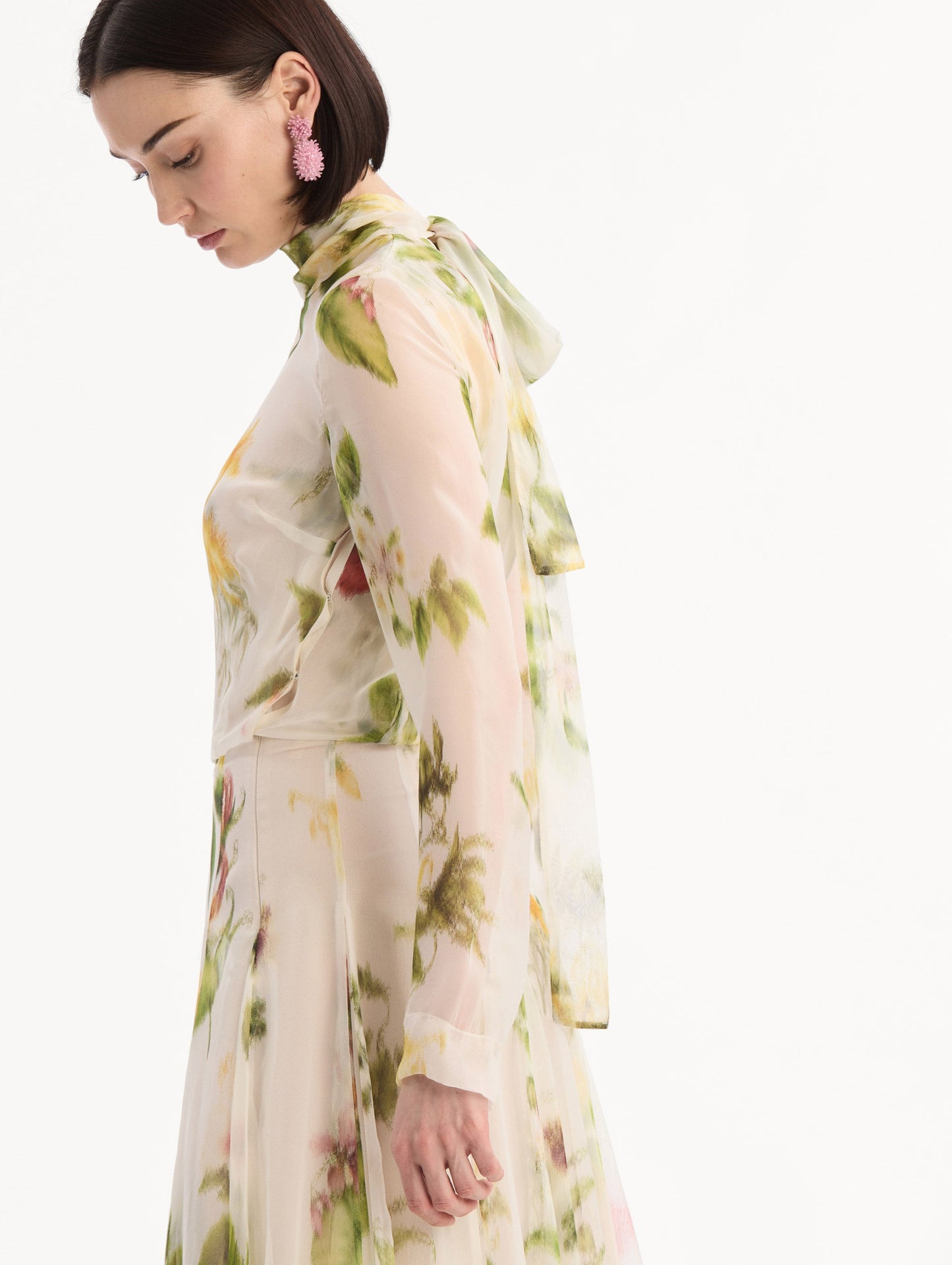 Chiné Dominican Mixed-Floral Chiffon Gown Ivory multi / Oscar de la Renta
