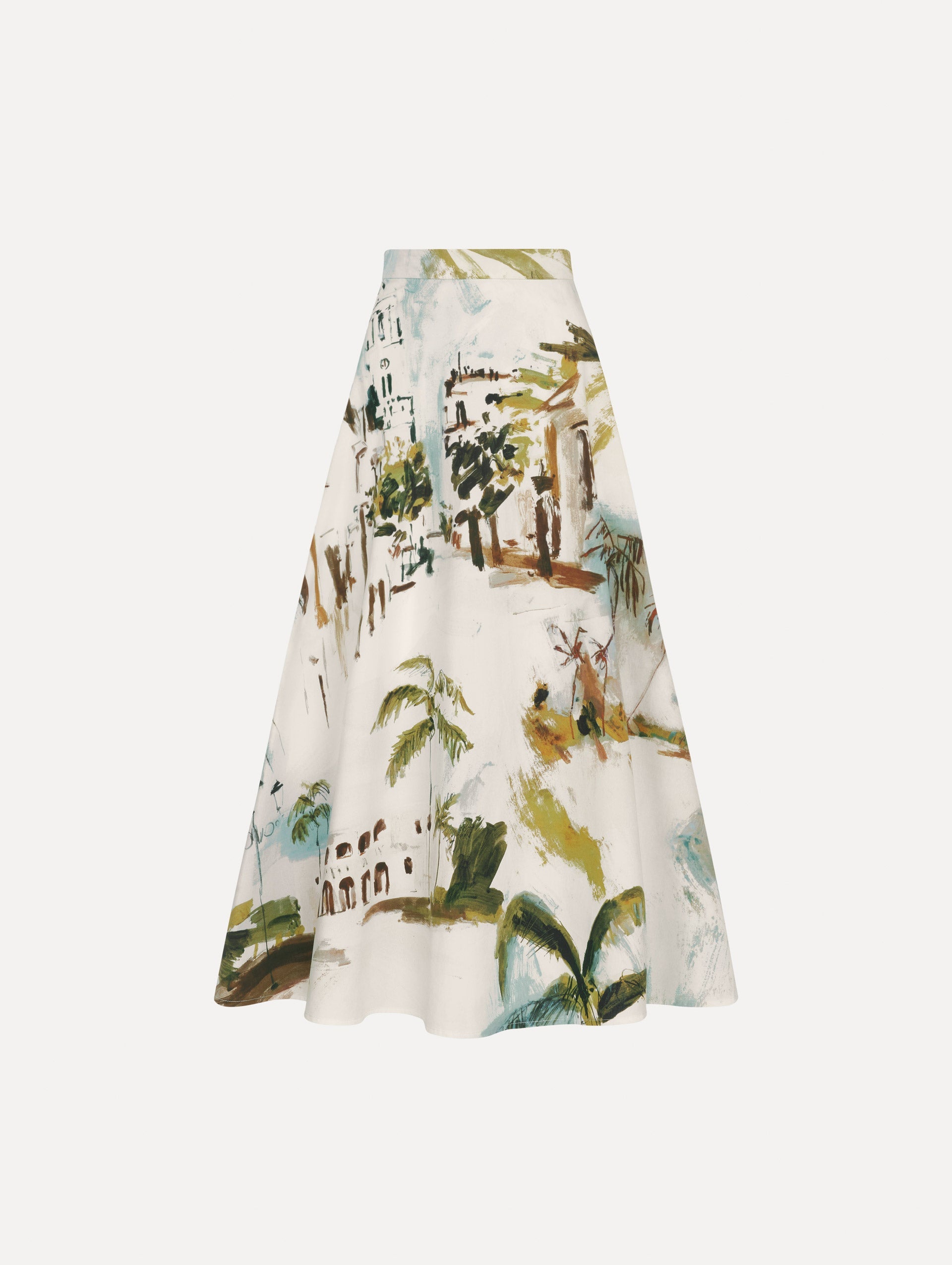 Dominican Landscape Cotton Poplin Skirt Blue green multi / Oscar de la Renta