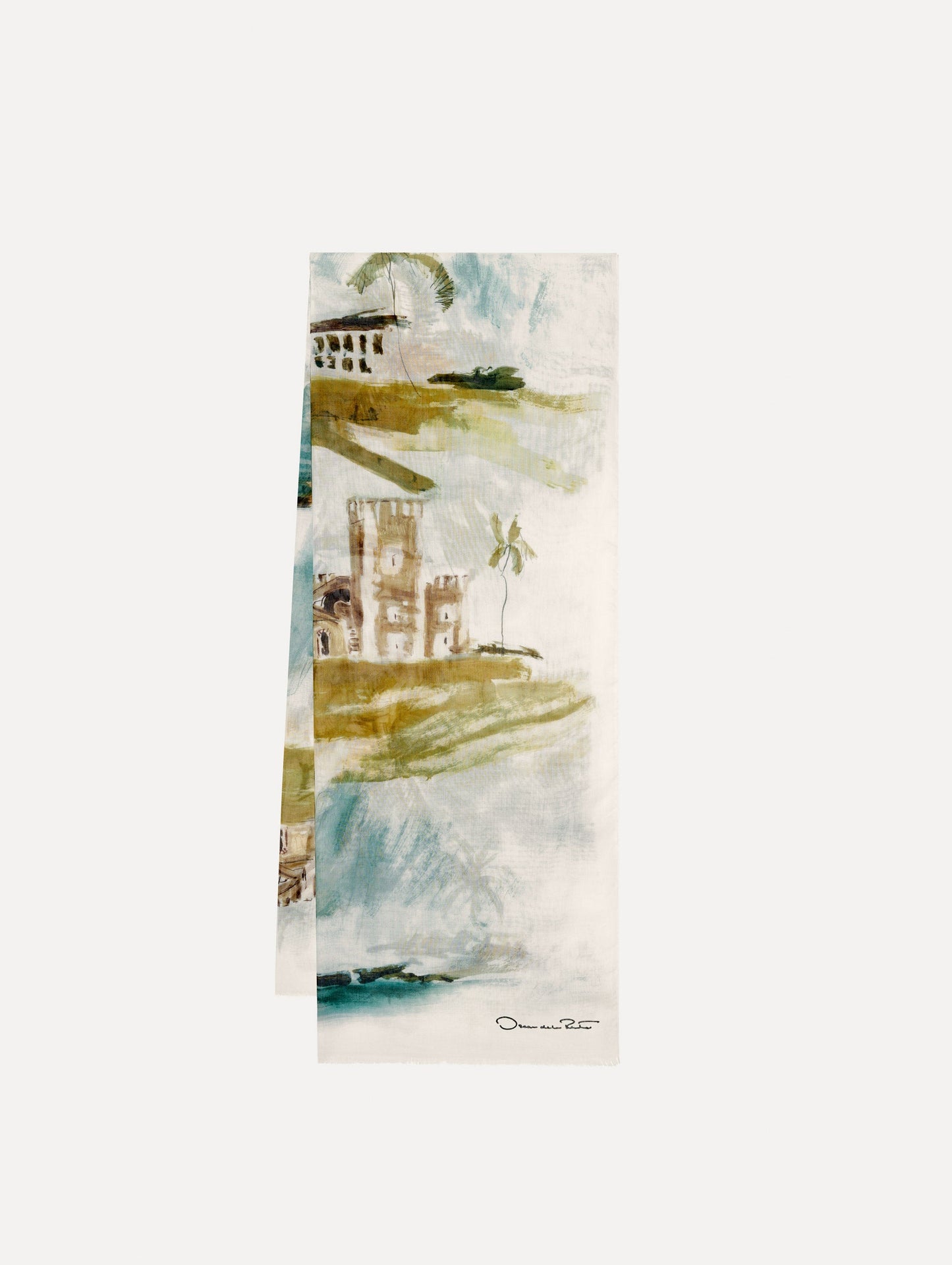 Dominican Landscape Modal Cashmere Scarf Blue green multi / Oscar de la Renta