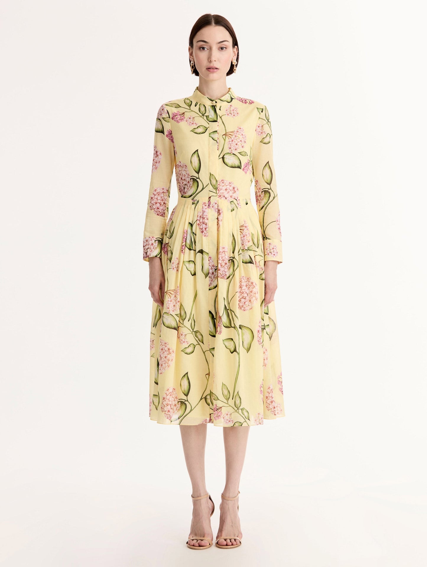 Porcelain Flower Cotton Poplin Long-Sleeve Dress Pink/butter / Oscar de la Renta
