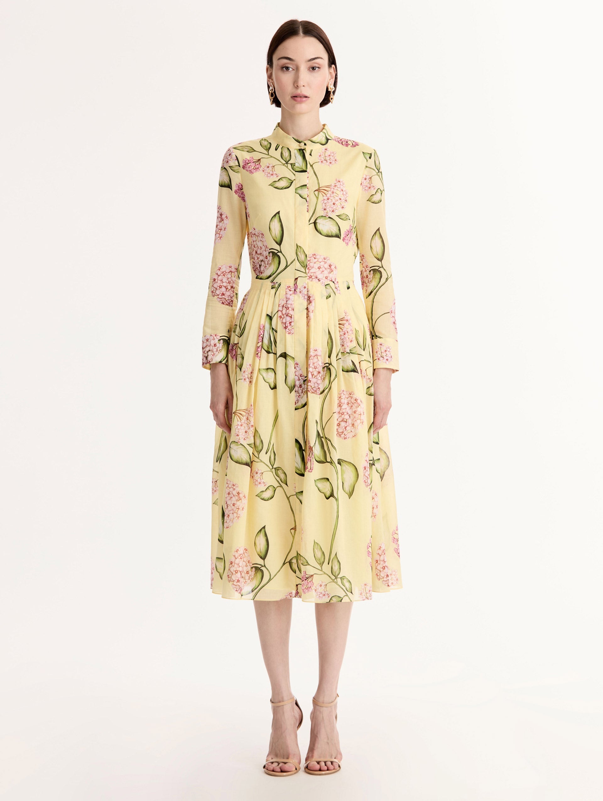 Porcelain Flower Cotton Poplin Long-Sleeve Dress Pink/butter / Oscar de la Renta