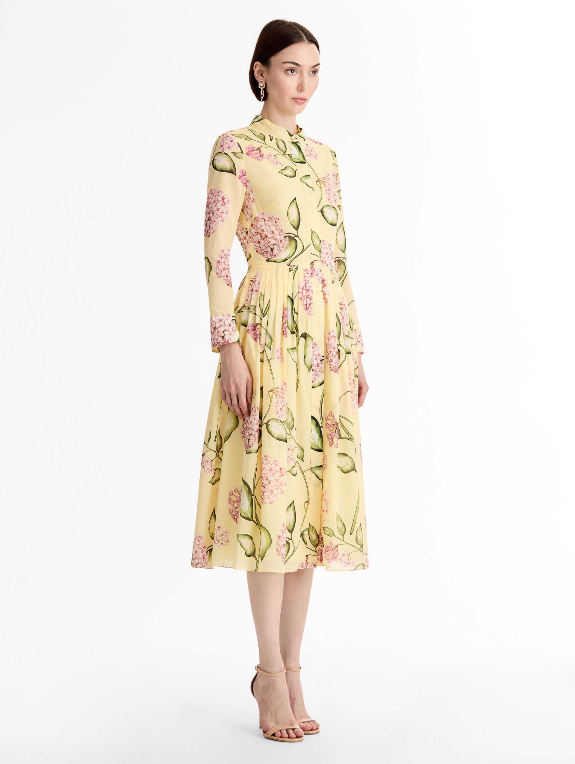 Porcelain Flower Cotton Poplin Long-Sleeve Dress Pink/butter / Oscar de la Renta
