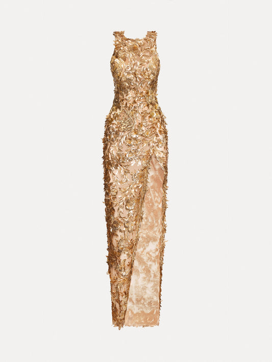 Baroque Sequin Leaves Embroidered Gown Gold / Oscar de la Renta