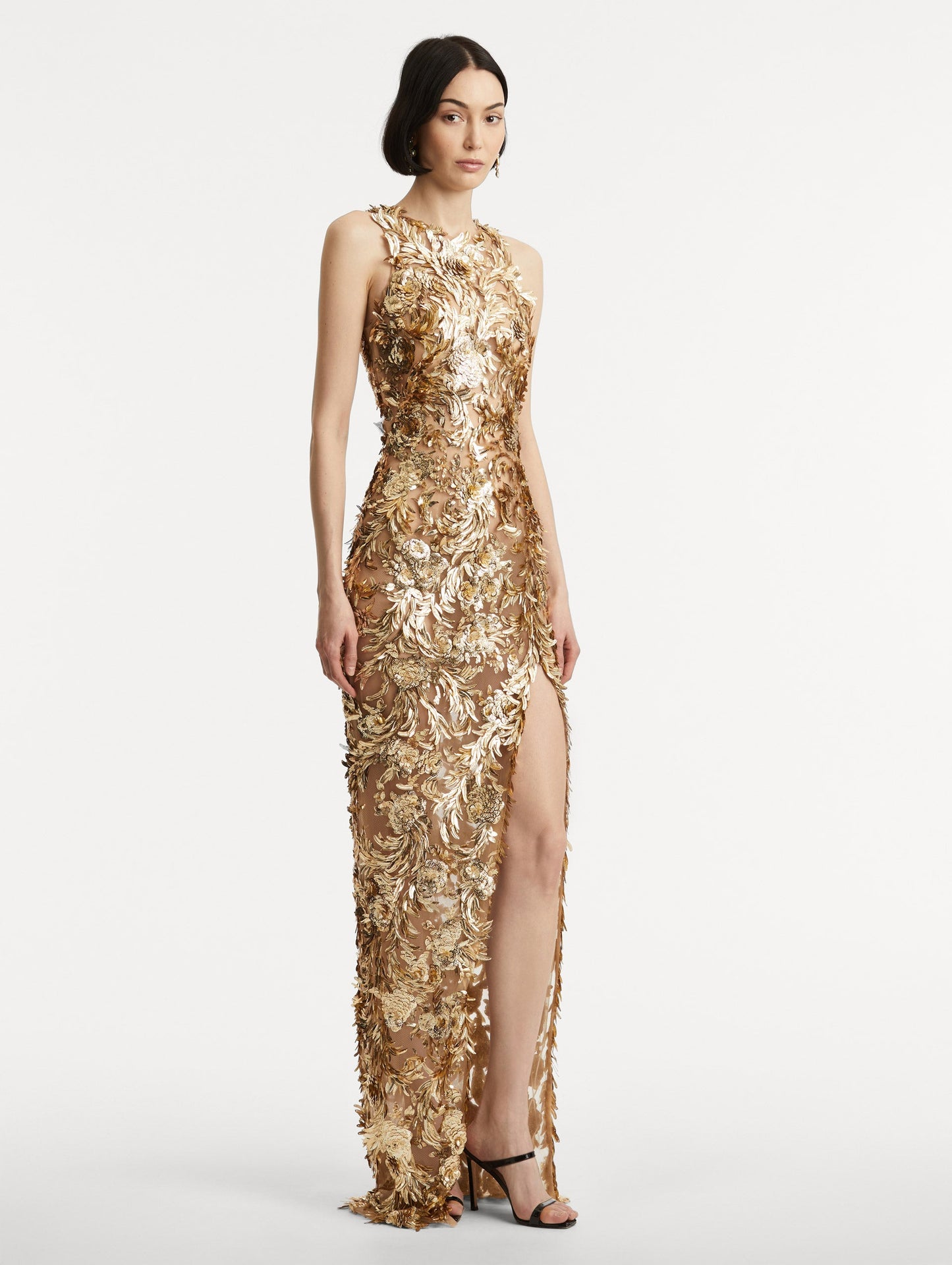 Baroque Sequin Leaves Embroidered Gown Gold / Oscar de la Renta