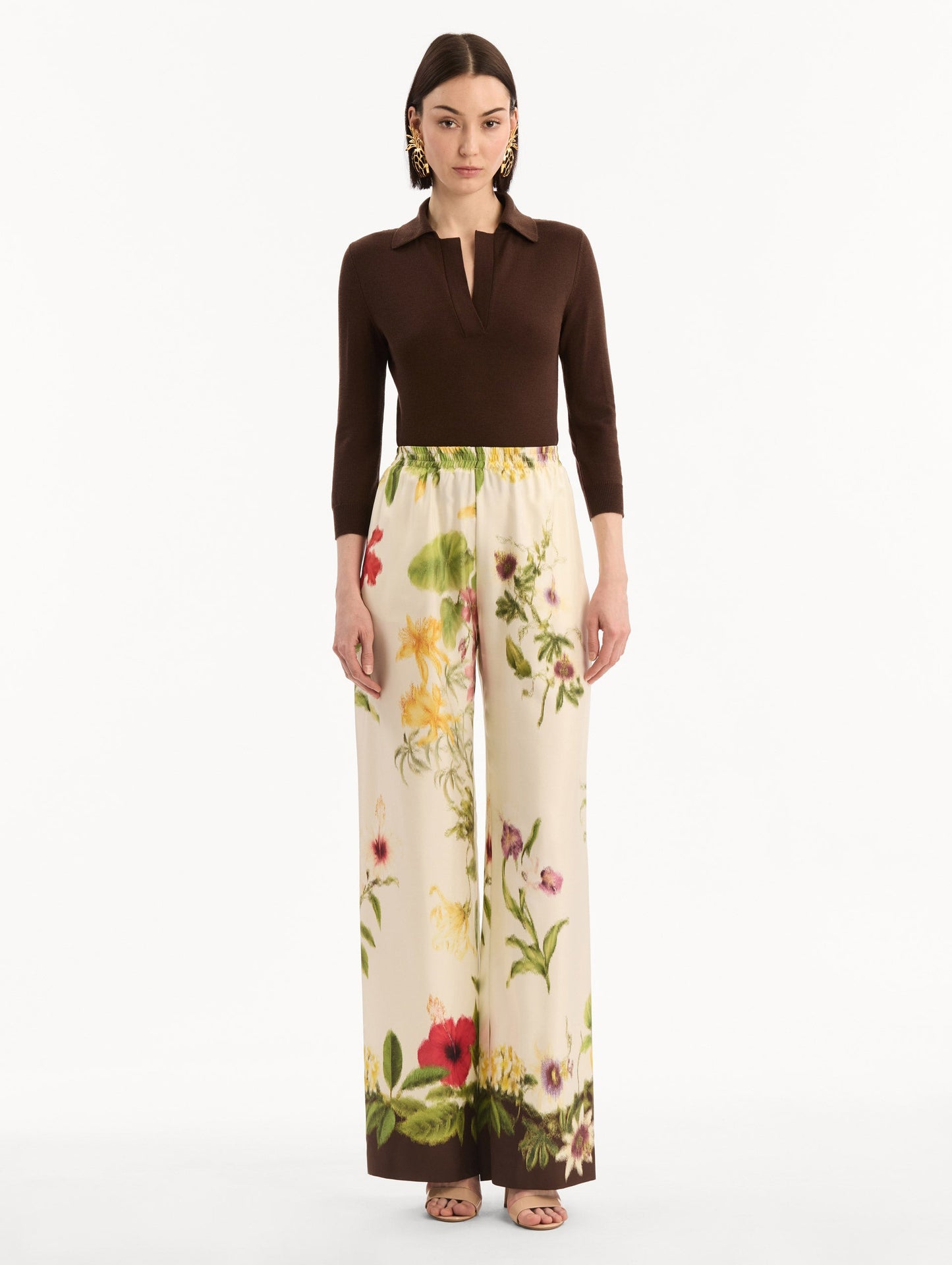 Dominican Mixed-Floral Wide Leg Pant Brown multi / Oscar de la Renta