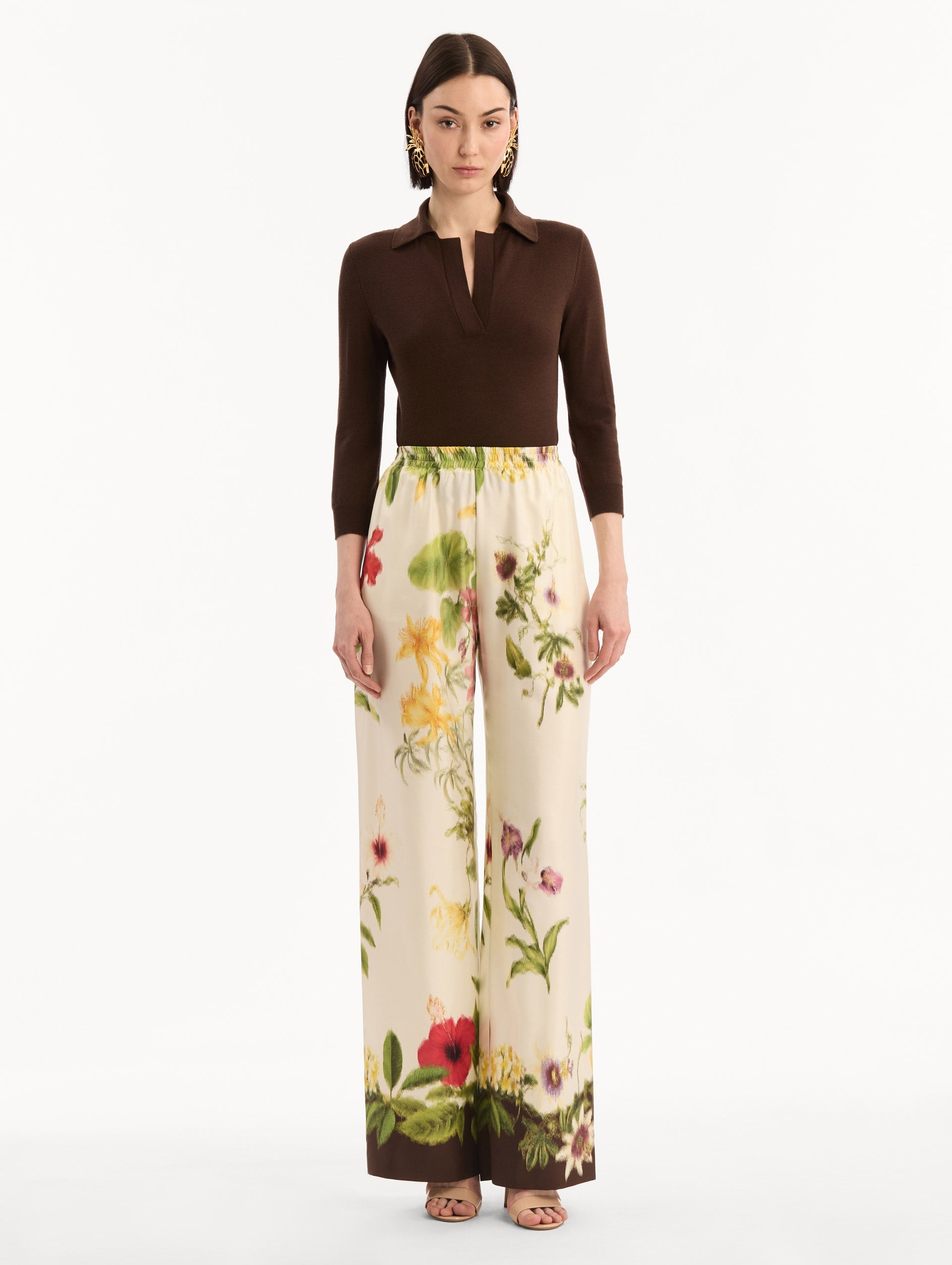 Dominican Mixed-Floral Wide Leg Pant Brown multi / Oscar de la Renta
