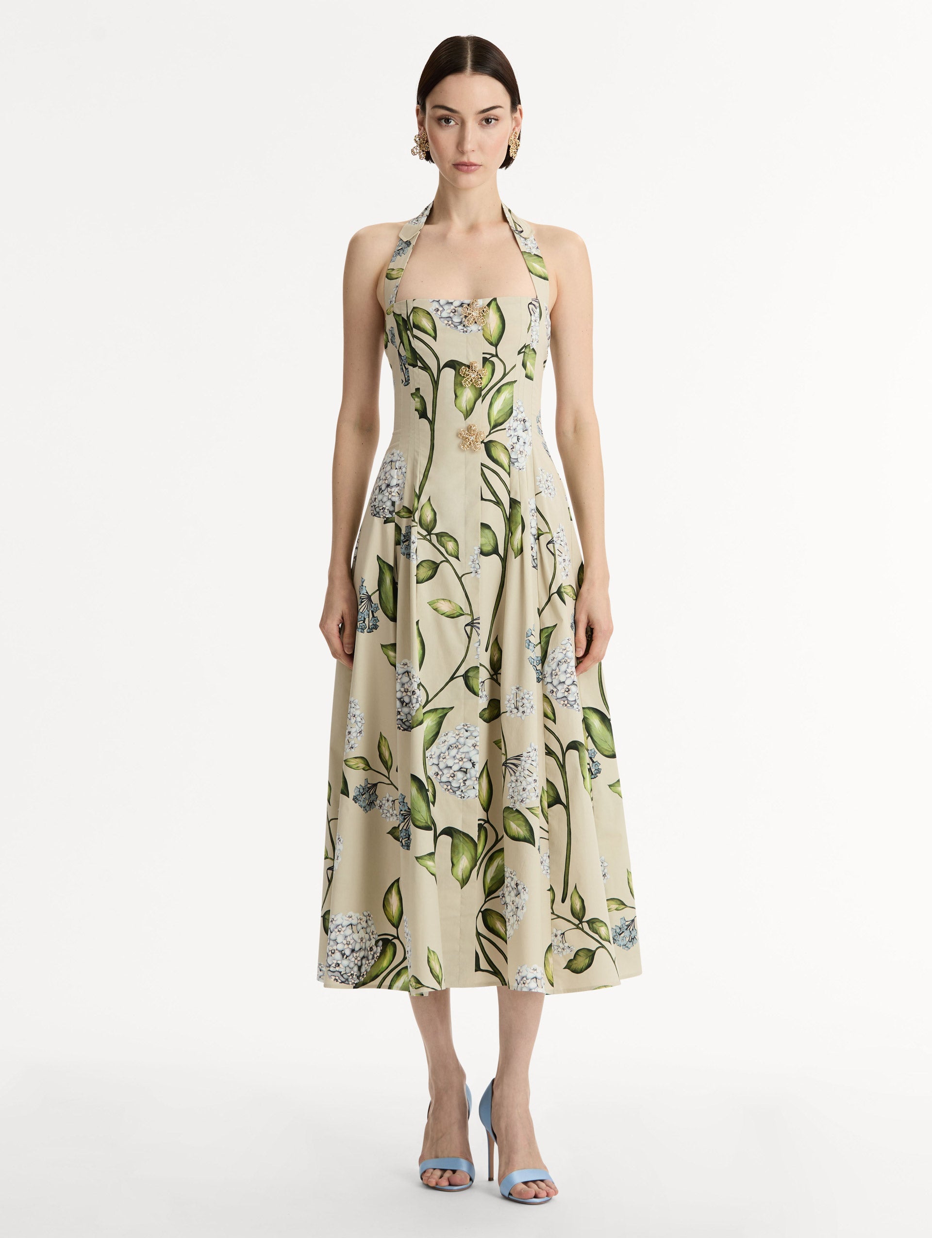 Porcelain Flower Cotton Poplin Halter Dress Denim/oatmeal / Oscar de la Renta