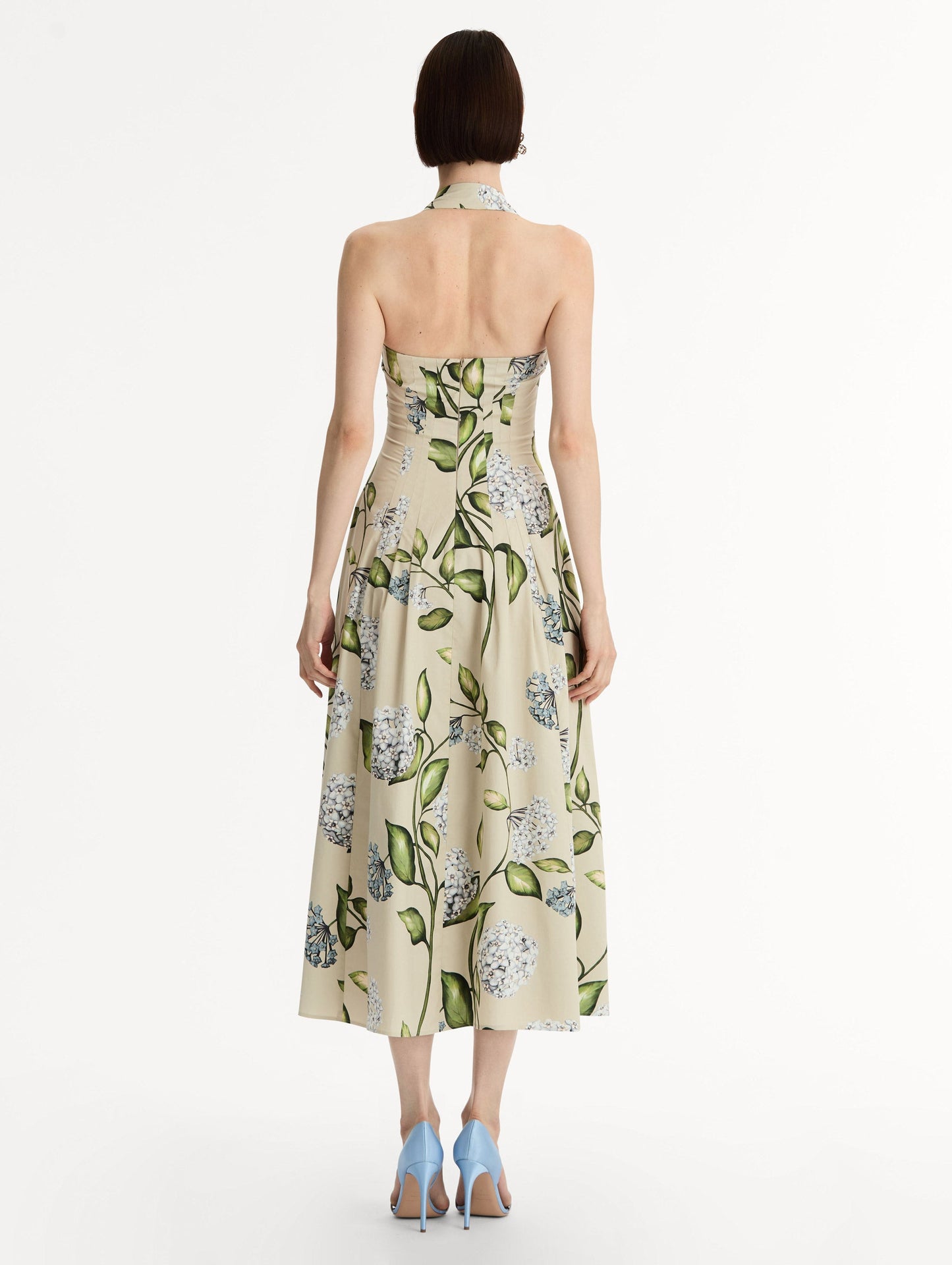 Porcelain Flower Cotton Poplin Halter Dress Denim/oatmeal / Oscar de la Renta