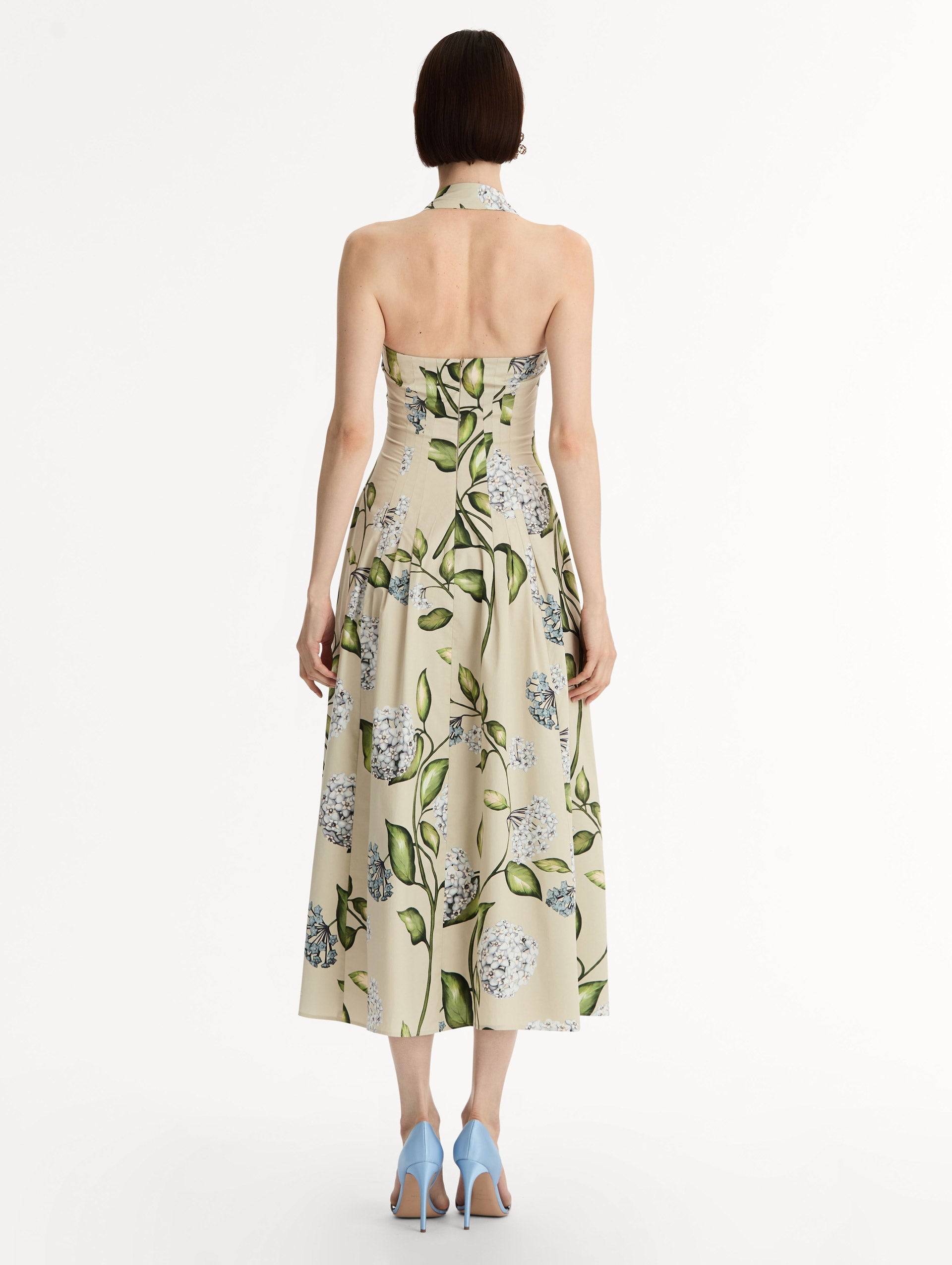 Porcelain Flower Cotton Poplin Halter Dress Denim/oatmeal / Oscar de la Renta