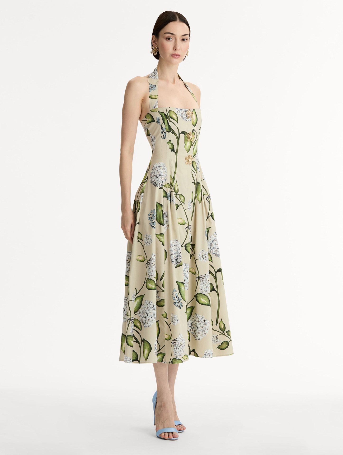Porcelain Flower Cotton Poplin Halter Dress Denim/oatmeal / Oscar de la Renta