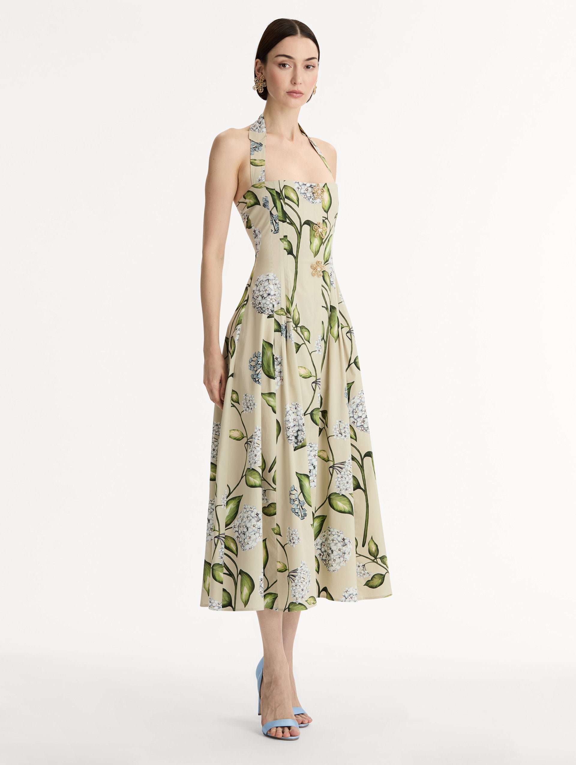 Porcelain Flower Cotton Poplin Halter Dress Denim/oatmeal / Oscar de la Renta