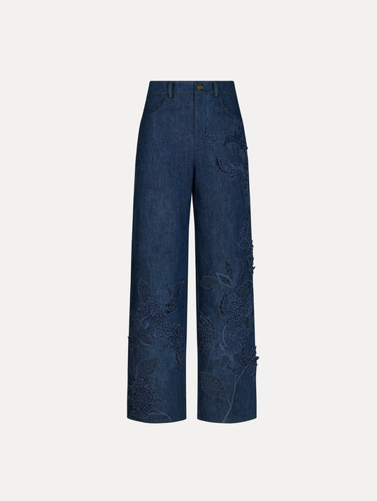 Porcelain Flower Cutout Denim Pant Medium wash / Oscar de la Renta