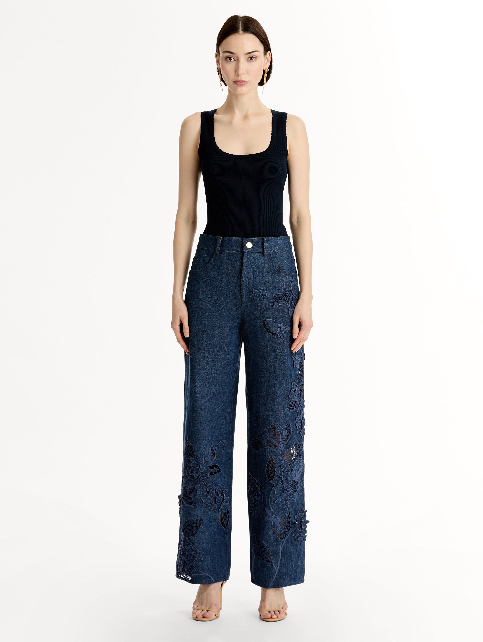 Porcelain Flower Cutout Denim Pant Medium wash / Oscar de la Renta
