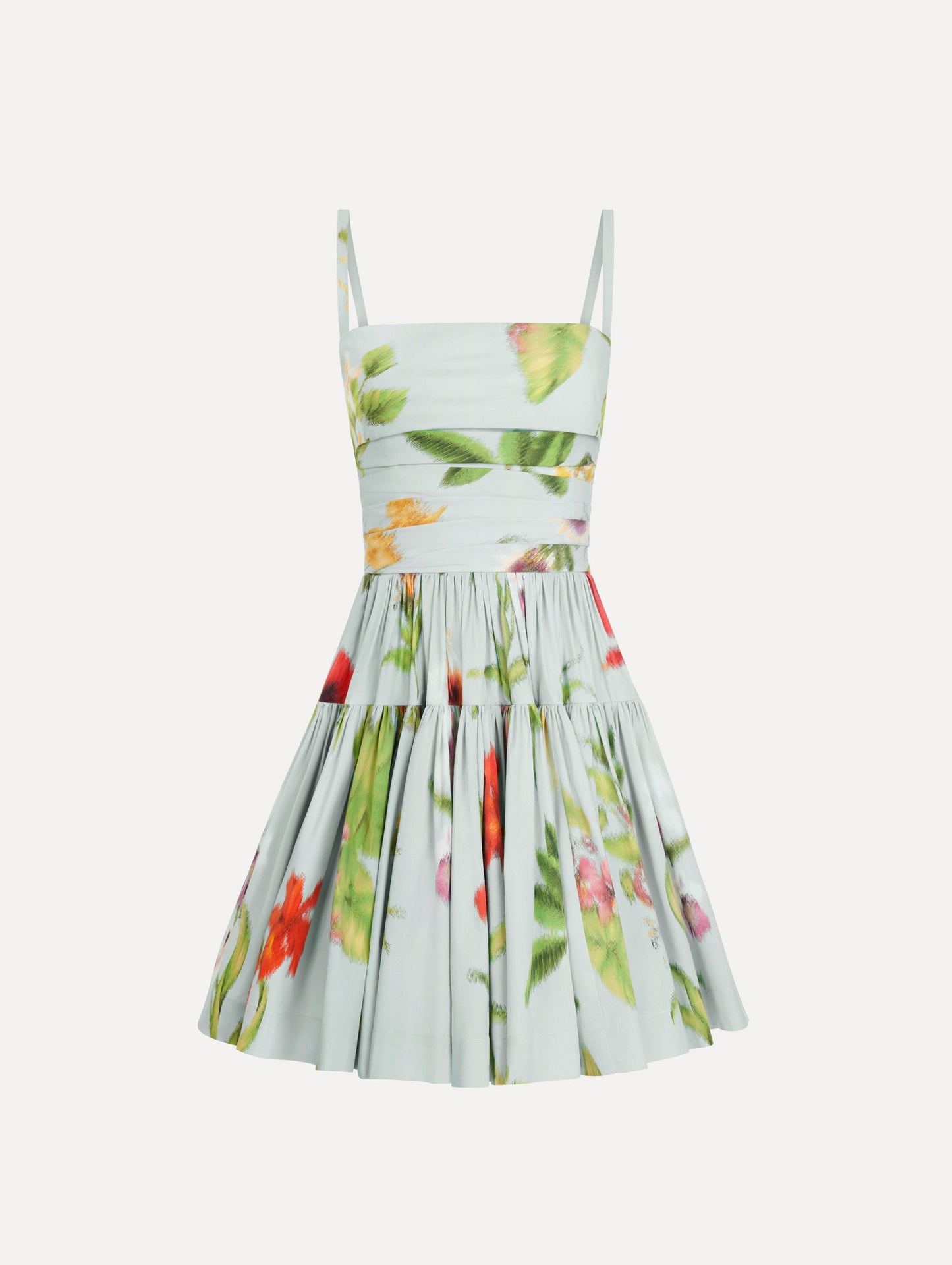 Chiné Dominican Mixed-Floral Cotton Poplin Tiered Dress Saltwater multi / Oscar de la Renta